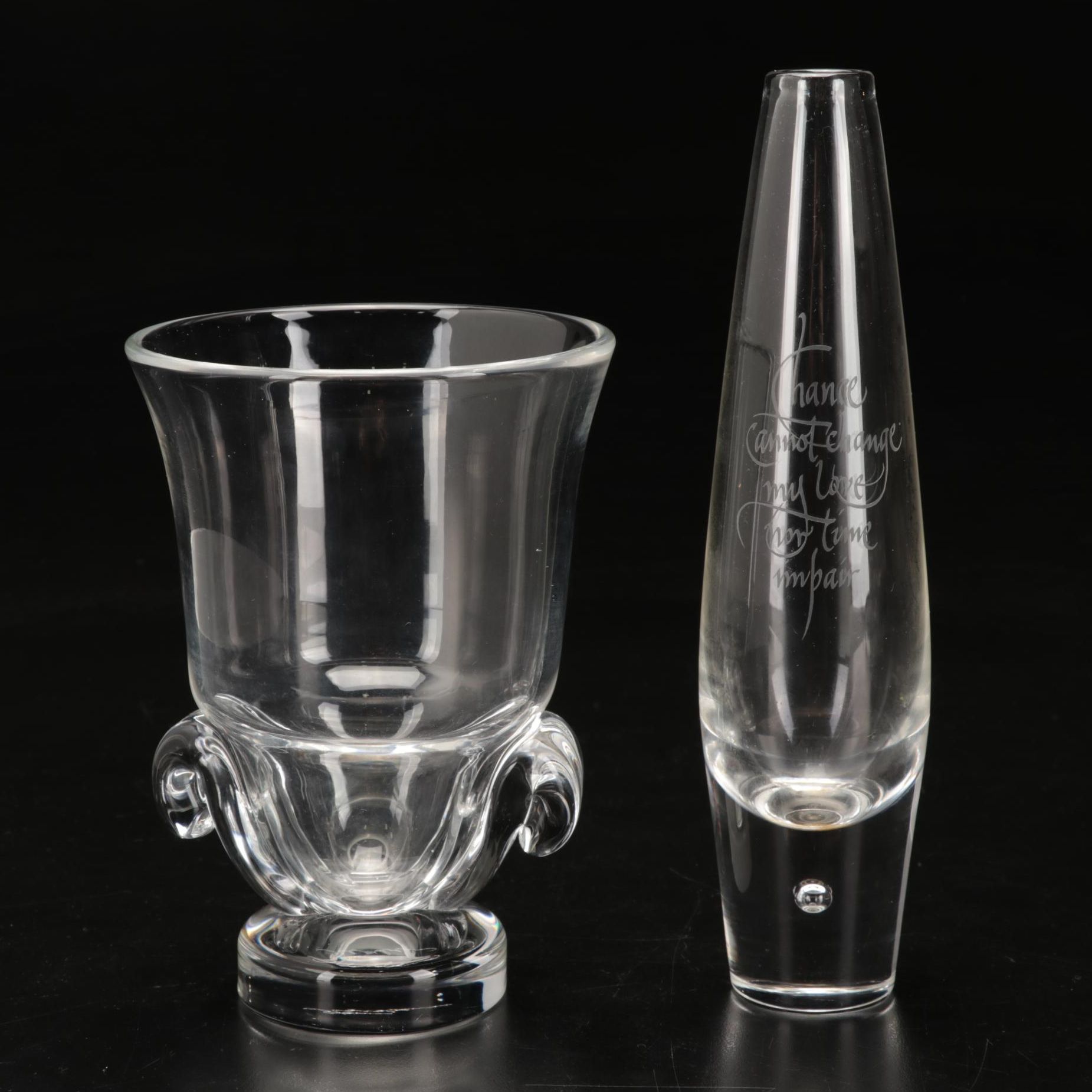 Steuben Scroll and Etched Controlled Bubble Teardrop Vases