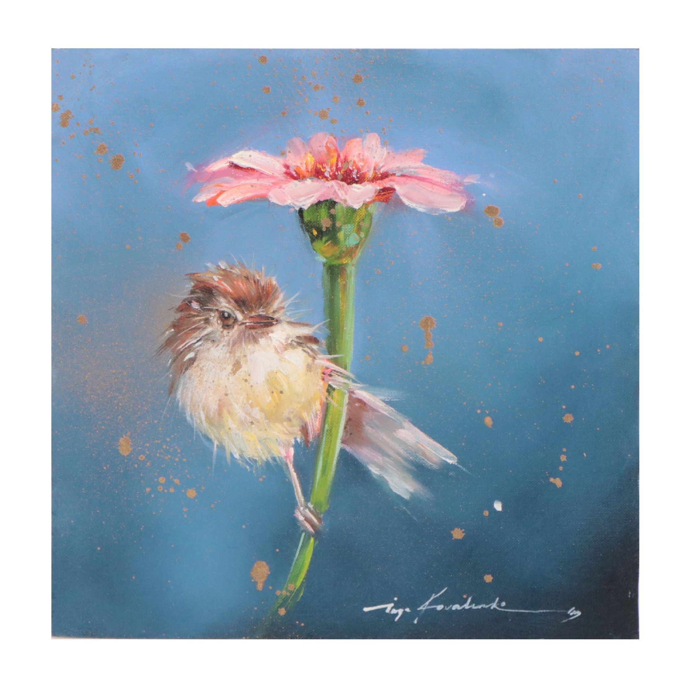 Inga Kovalenko Oil Painting of Bird Perched on Flower, 2023