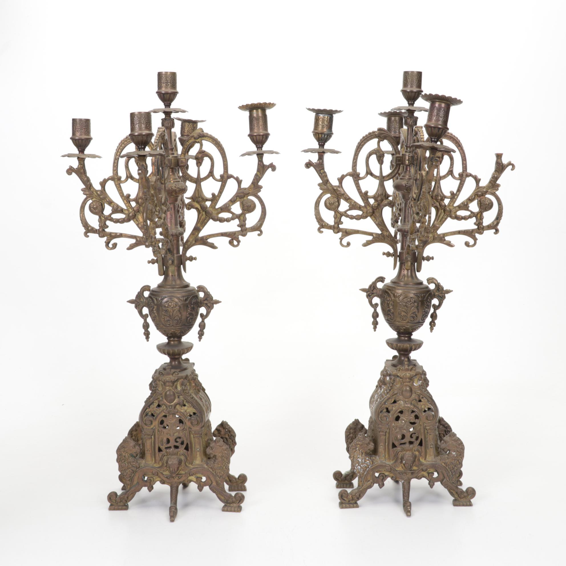 Pair of Brass Candelabra, King James Statue, and Wooden Pedestal Book Stand