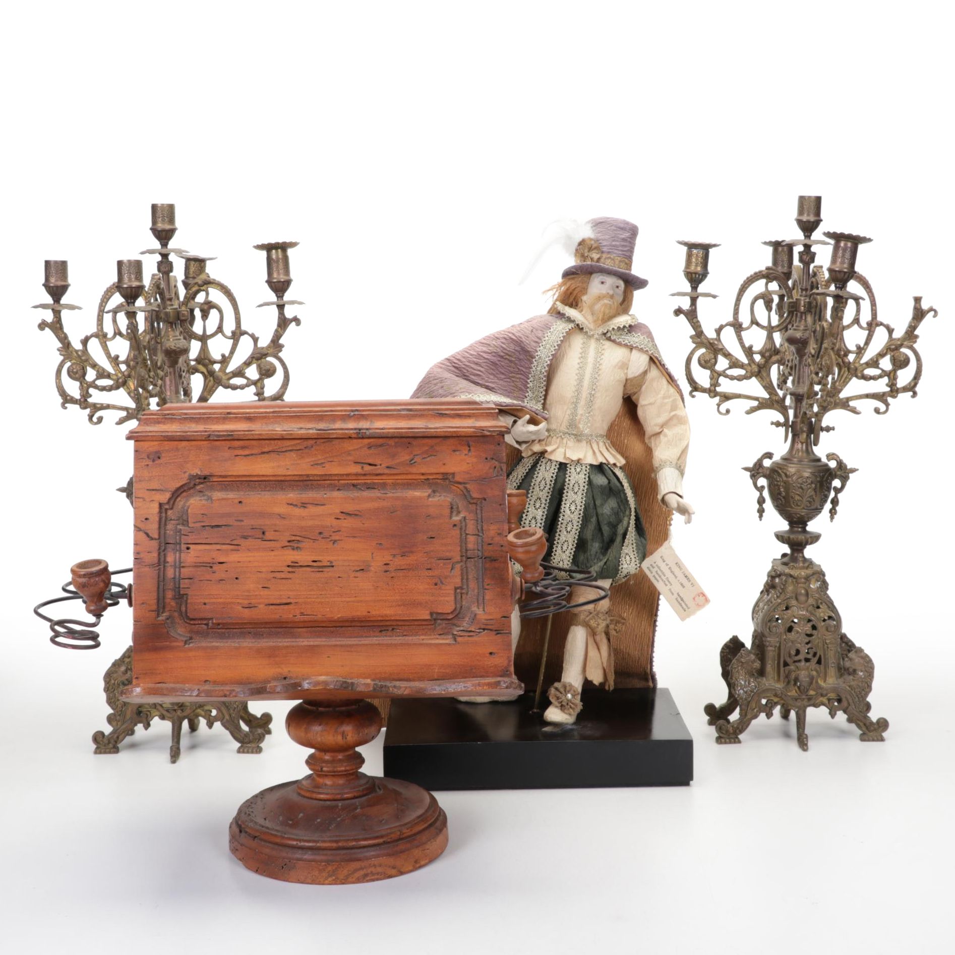 Pair of Brass Candelabra, King James Statue, and Wooden Pedestal Book Stand