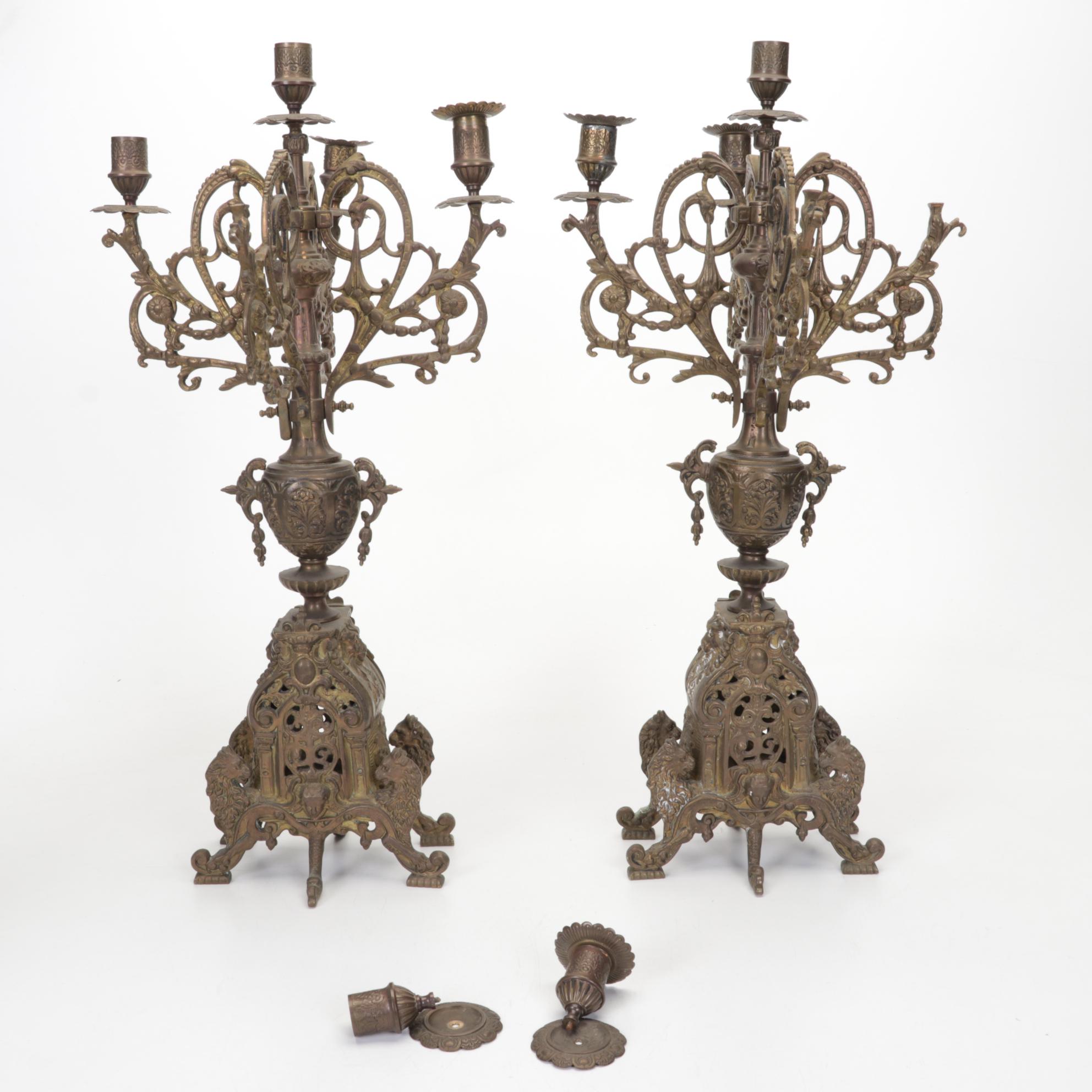 Pair of Brass Candelabra, King James Statue, and Wooden Pedestal Book Stand