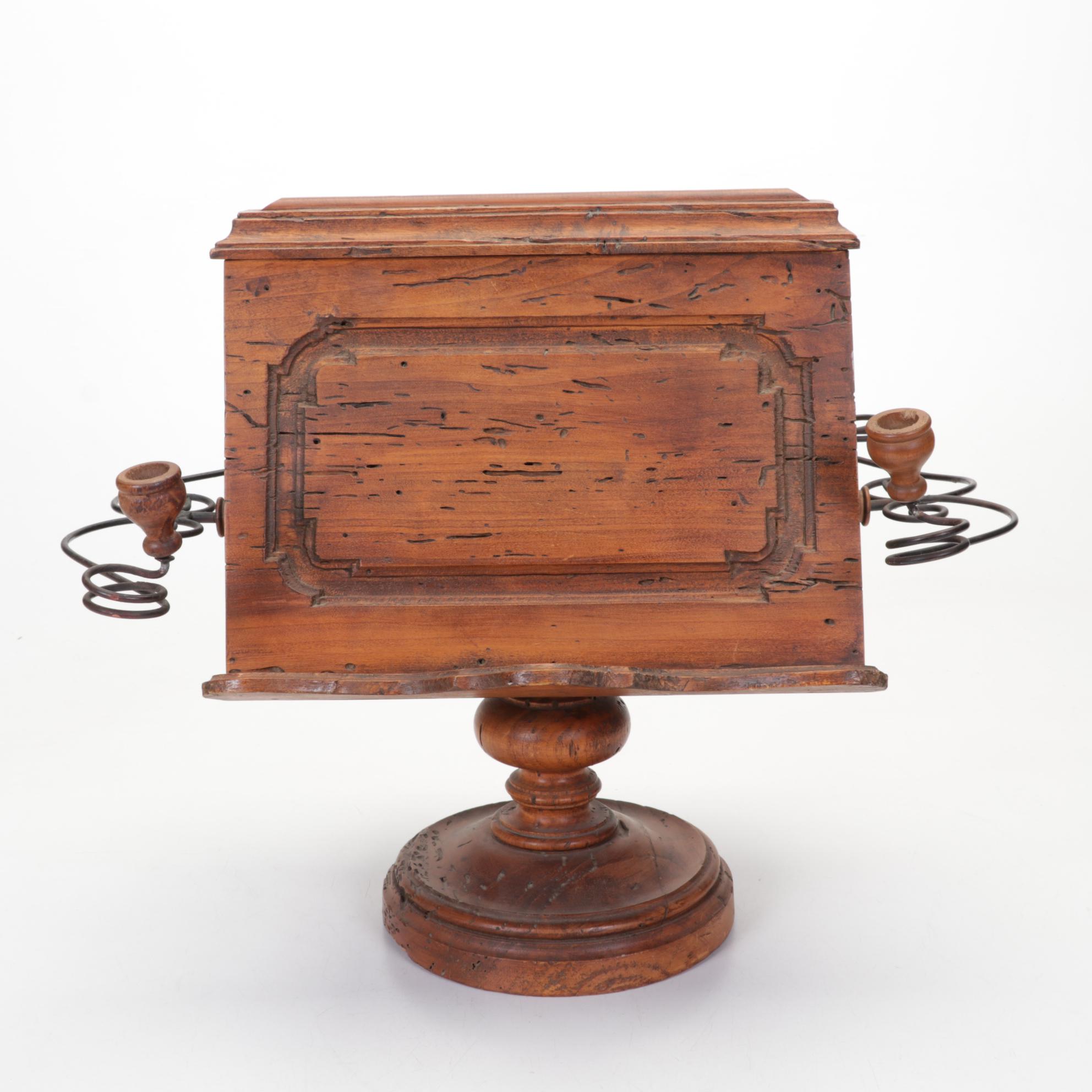 Pair of Brass Candelabra, King James Statue, and Wooden Pedestal Book Stand