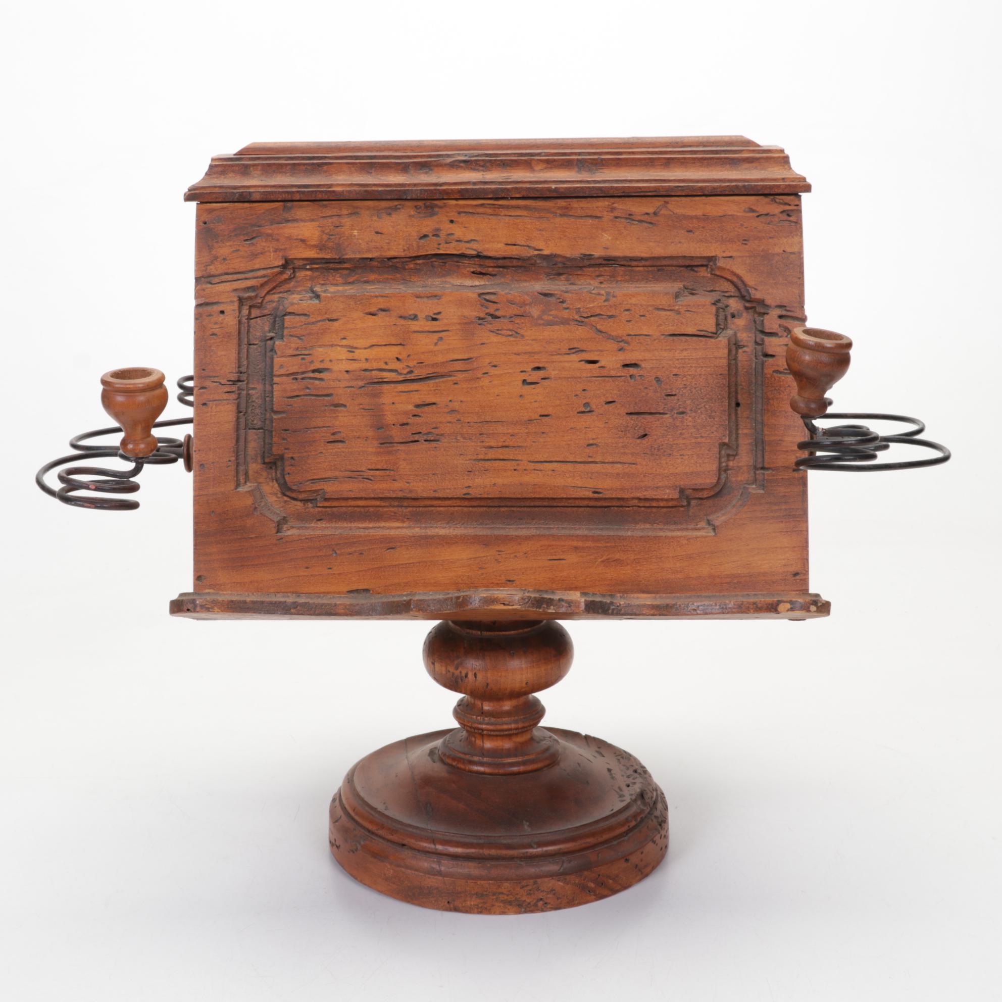 Pair of Brass Candelabra, King James Statue, and Wooden Pedestal Book Stand