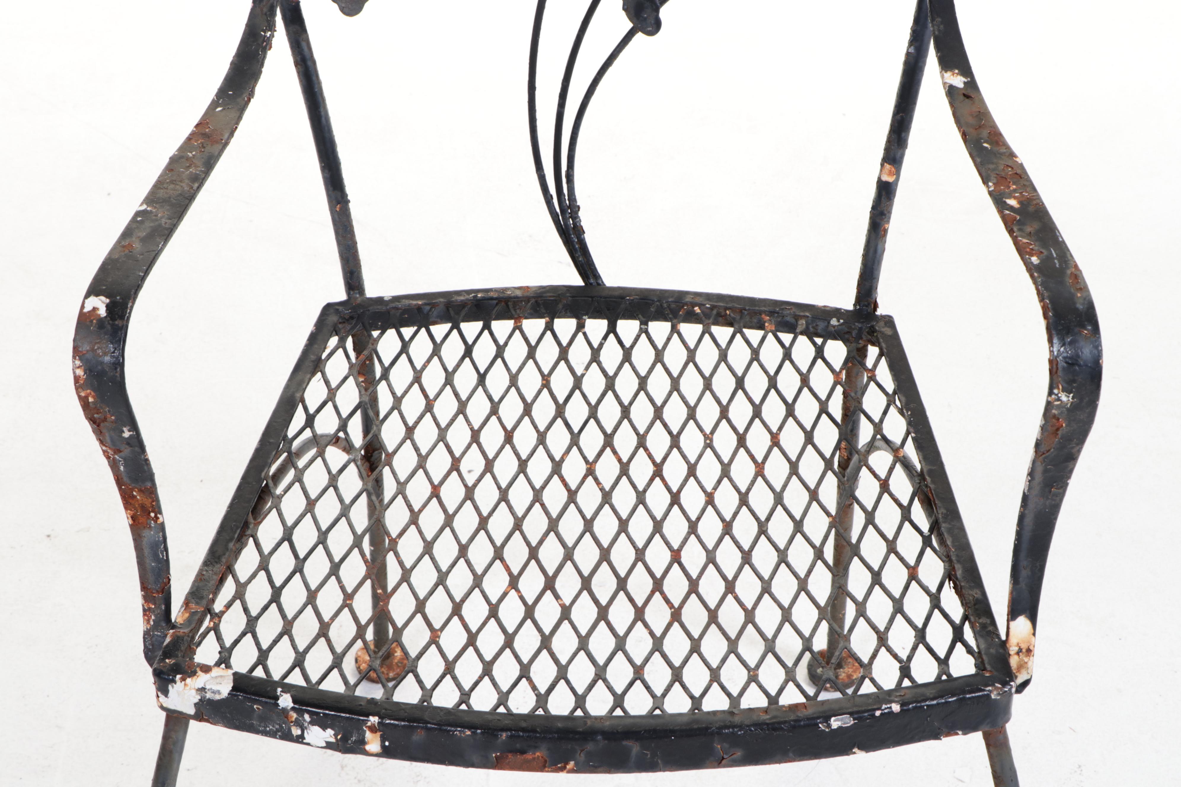 Four Iron and Wire Mesh Patio Dining Chairs Plus Rocker