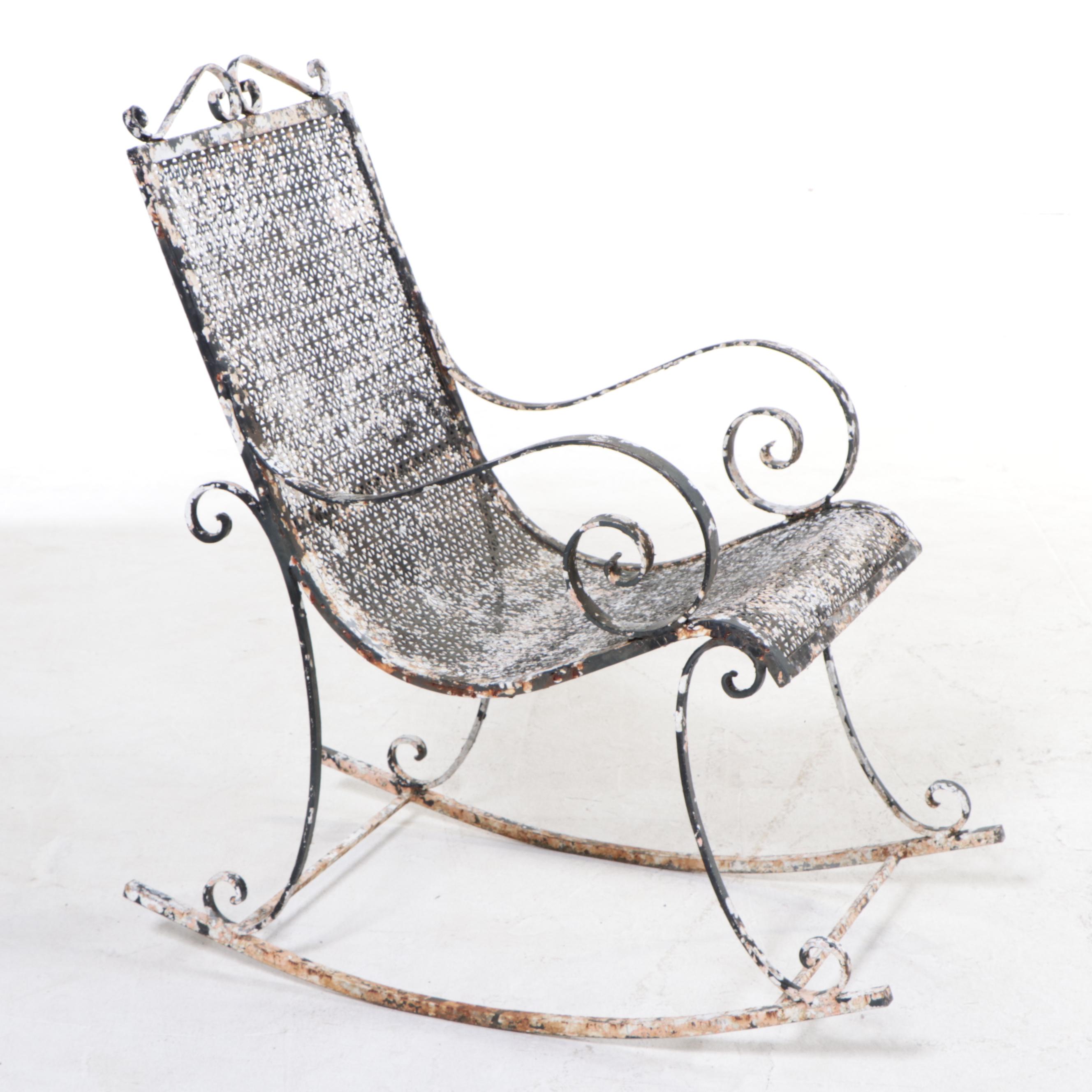 Four Iron and Wire Mesh Patio Dining Chairs Plus Rocker