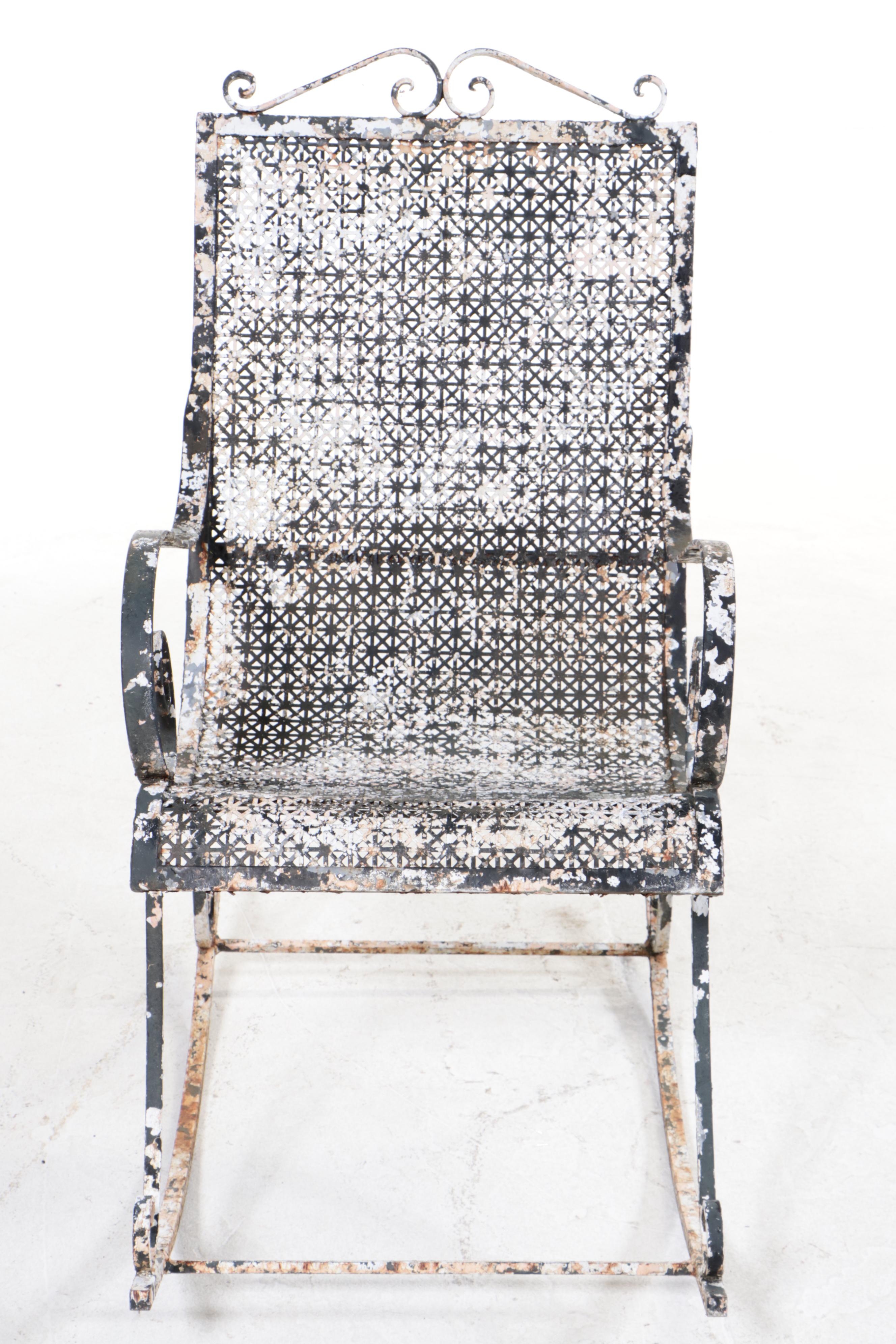 Four Iron and Wire Mesh Patio Dining Chairs Plus Rocker