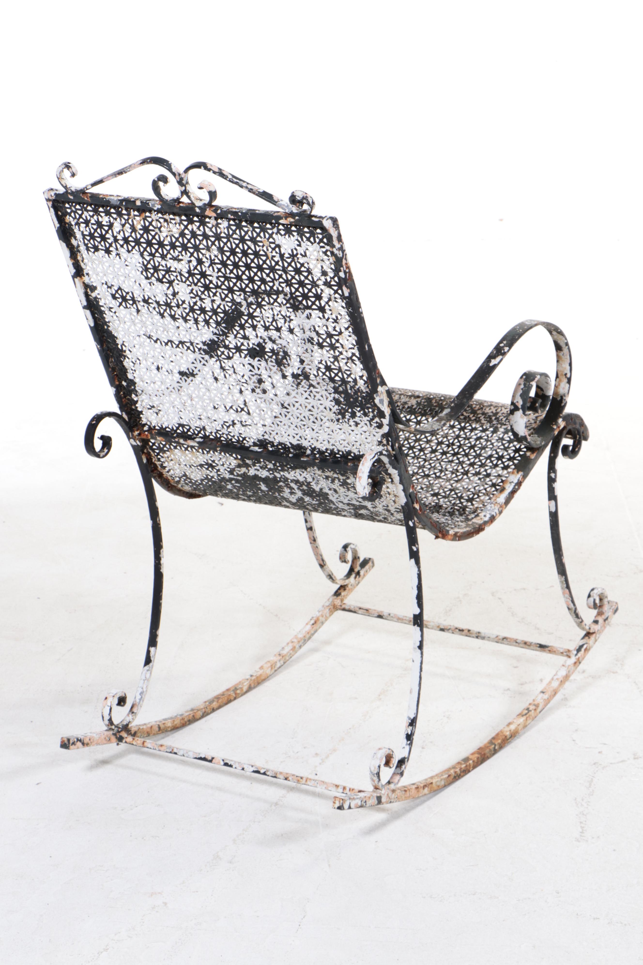 Four Iron and Wire Mesh Patio Dining Chairs Plus Rocker