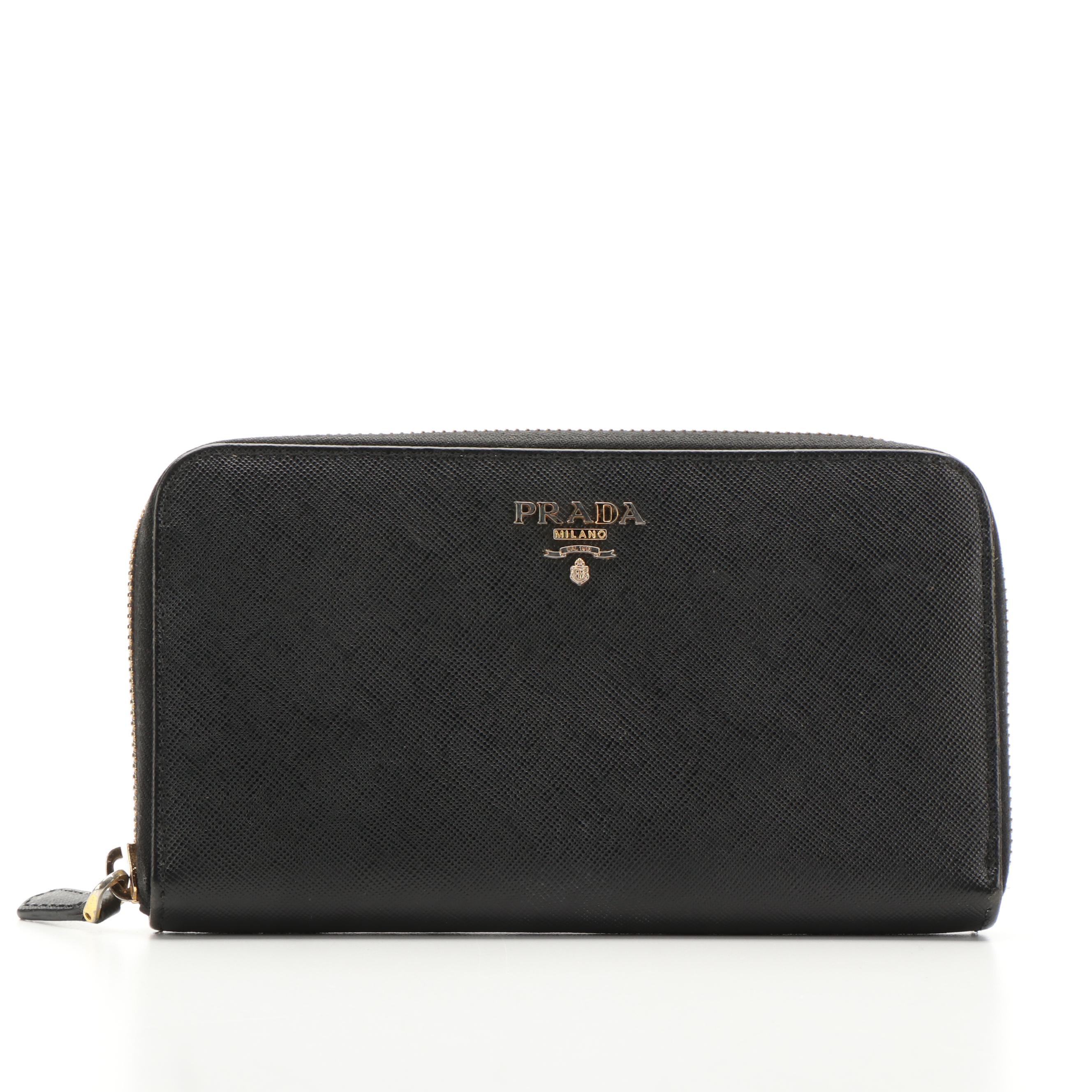 Prada Zip Around Long Wallet in Black Saffiano Leather