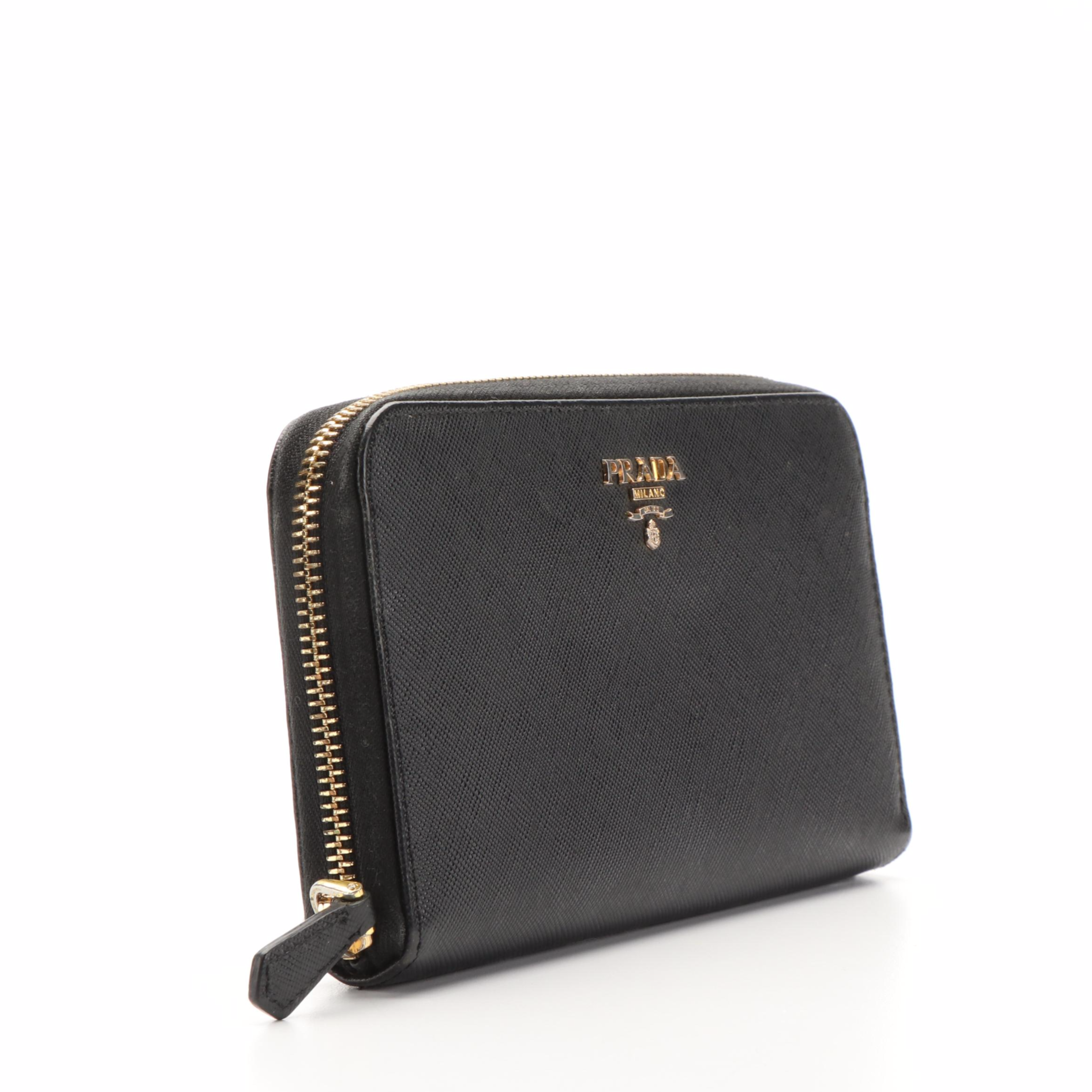 Prada Zip Around Long Wallet in Black Saffiano Leather