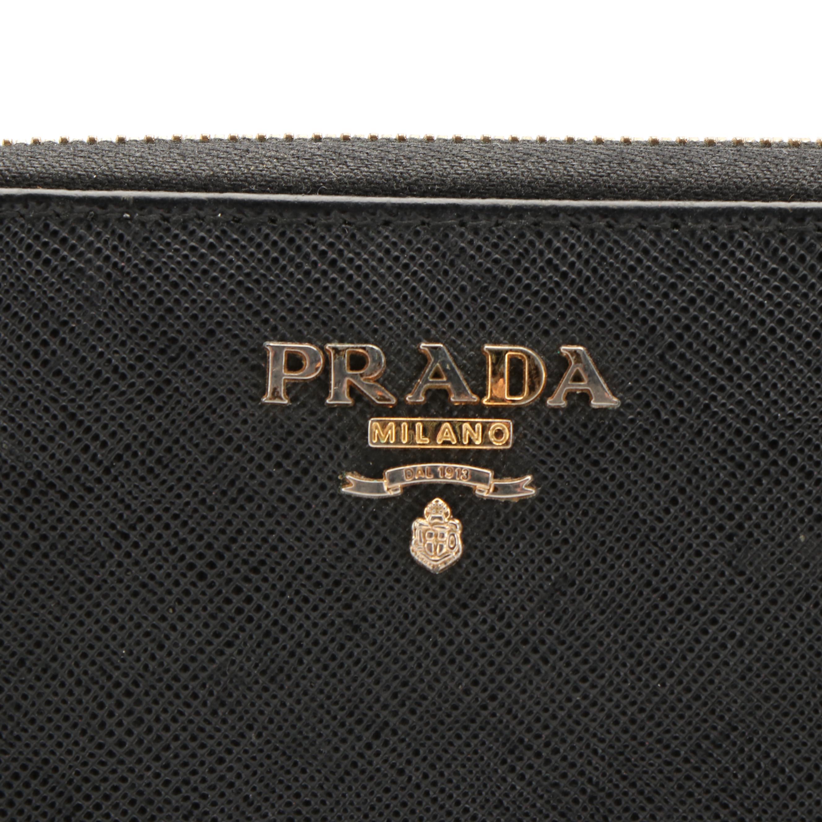 Prada Zip Around Long Wallet in Black Saffiano Leather