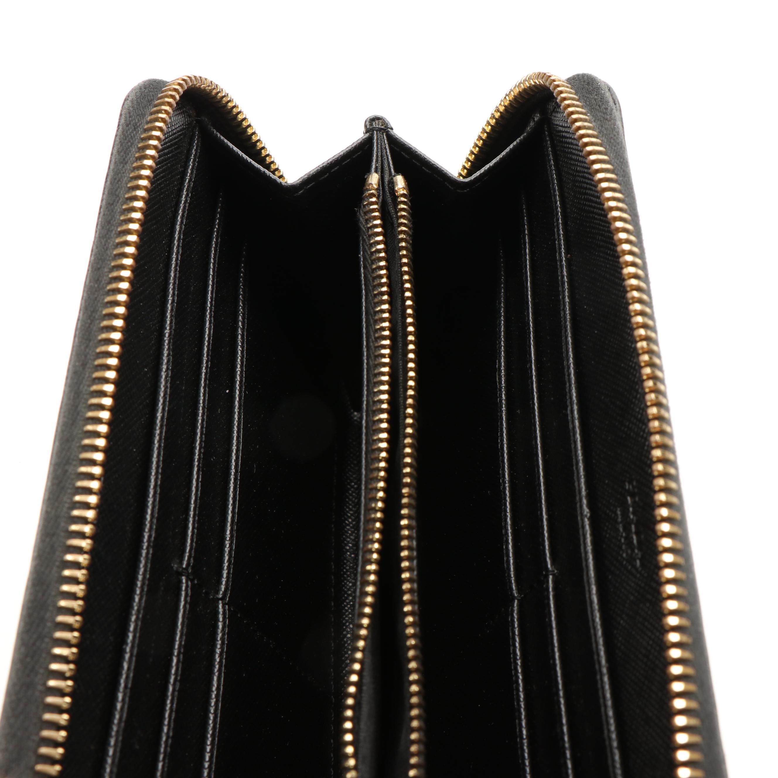 Prada Zip Around Long Wallet in Black Saffiano Leather