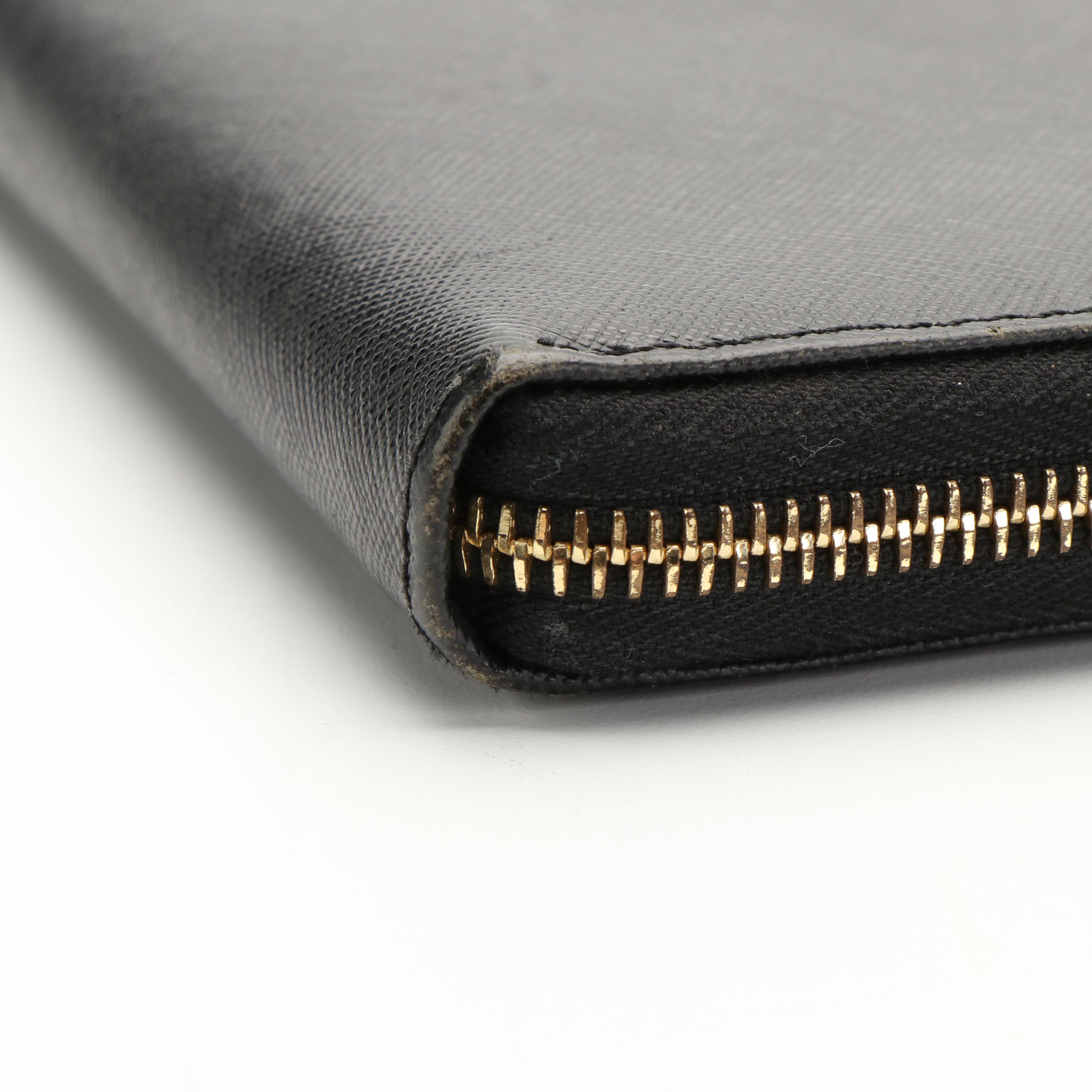 Prada Zip Around Long Wallet in Black Saffiano Leather