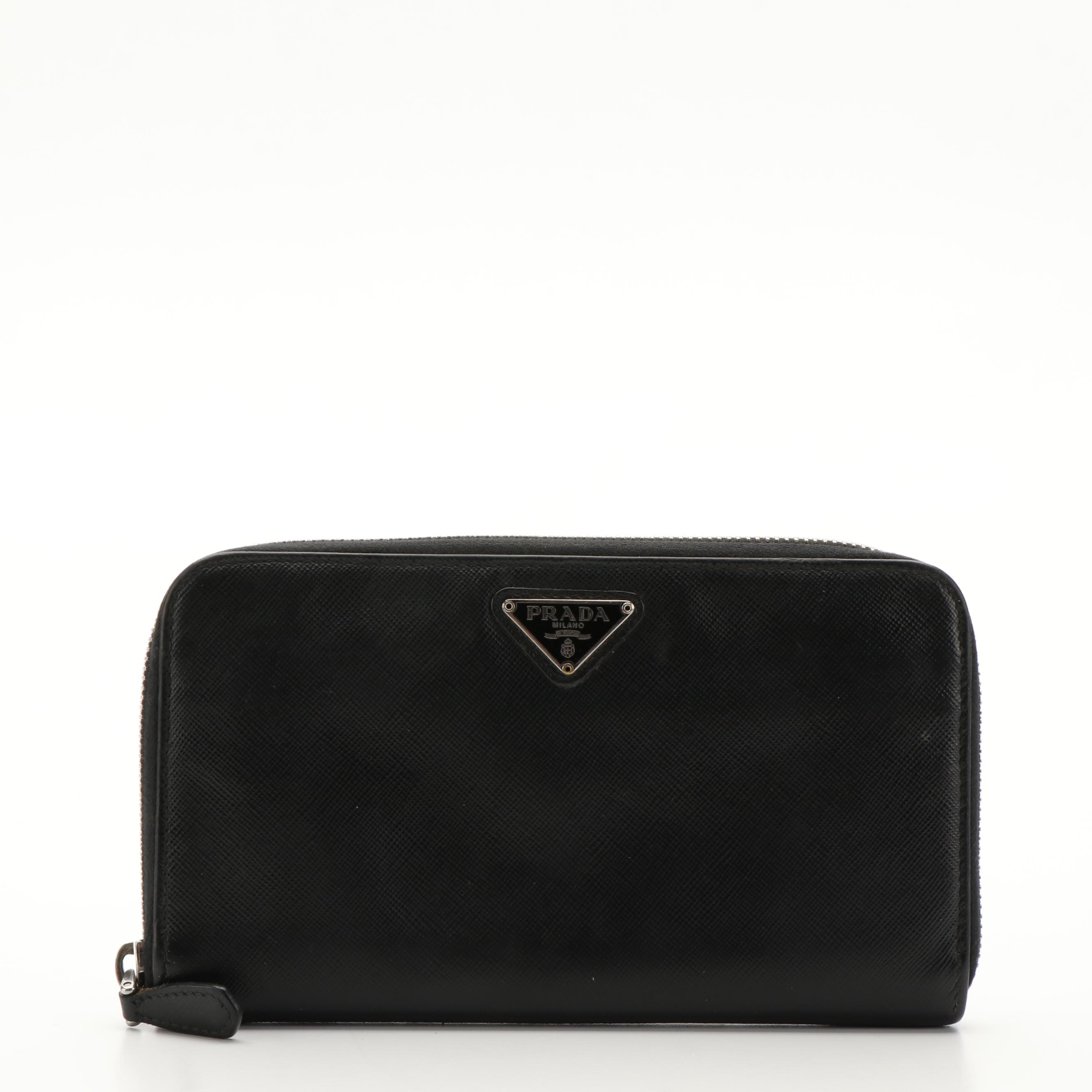 Prada Black Saffiano Leather Zip Around Wallet