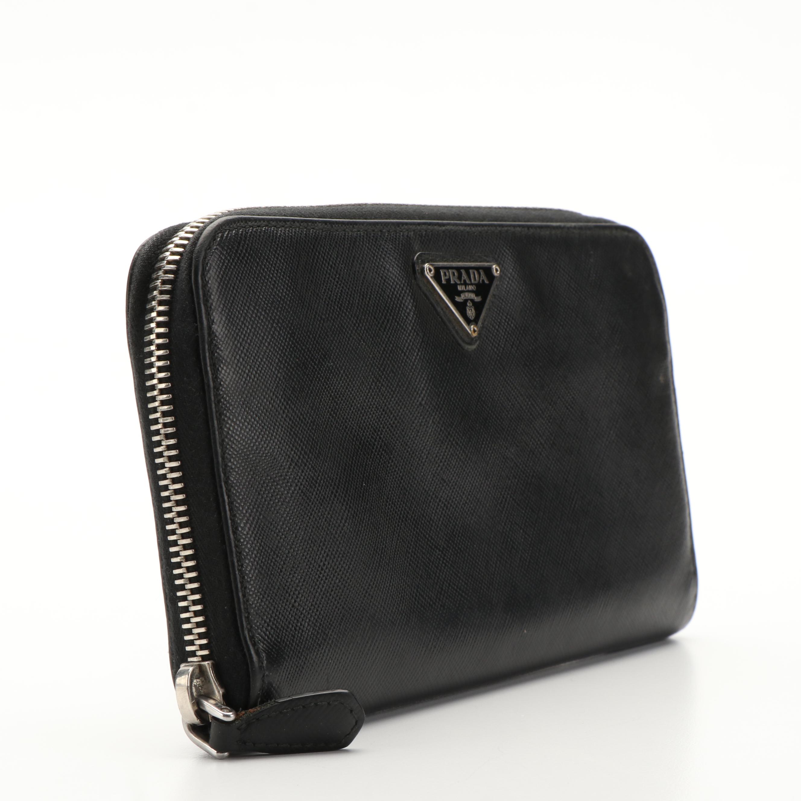 Prada Black Saffiano Leather Zip Around Wallet