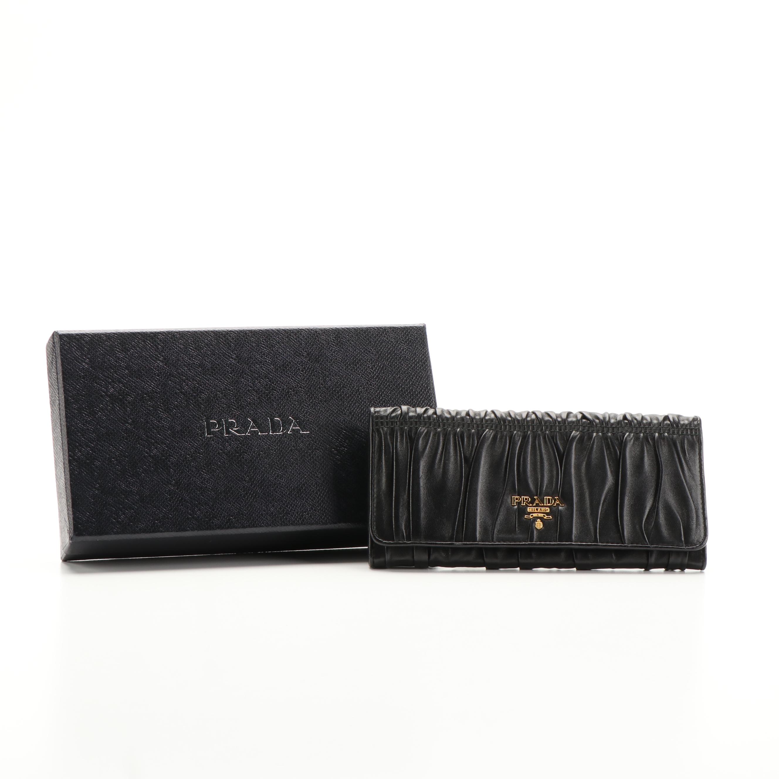 Prada Bifold Long Wallet in Black Nappa Gaufre Leather with Box