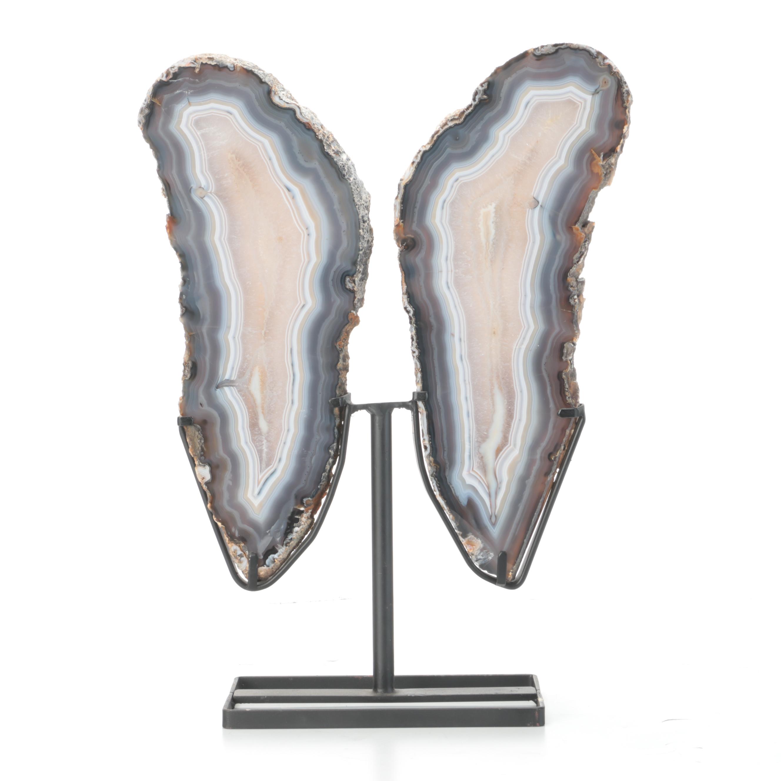 Pair of Banded Agate and Calcite Polished Bookmatched Geode Slabs on Stands