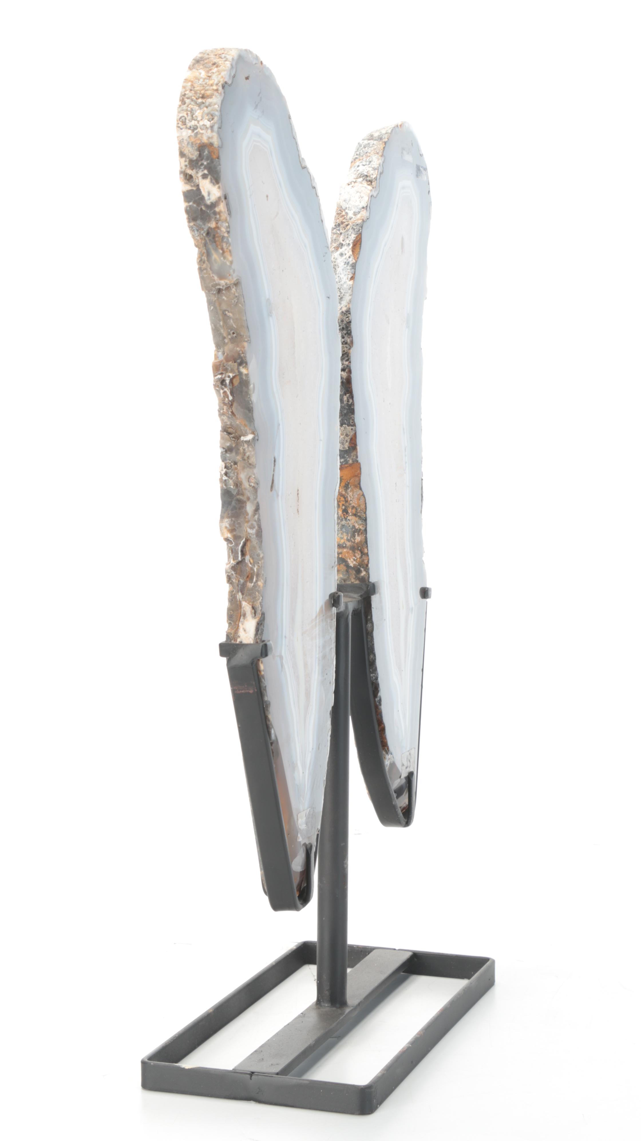 Pair of Banded Agate and Calcite Polished Bookmatched Geode Slabs on Stands