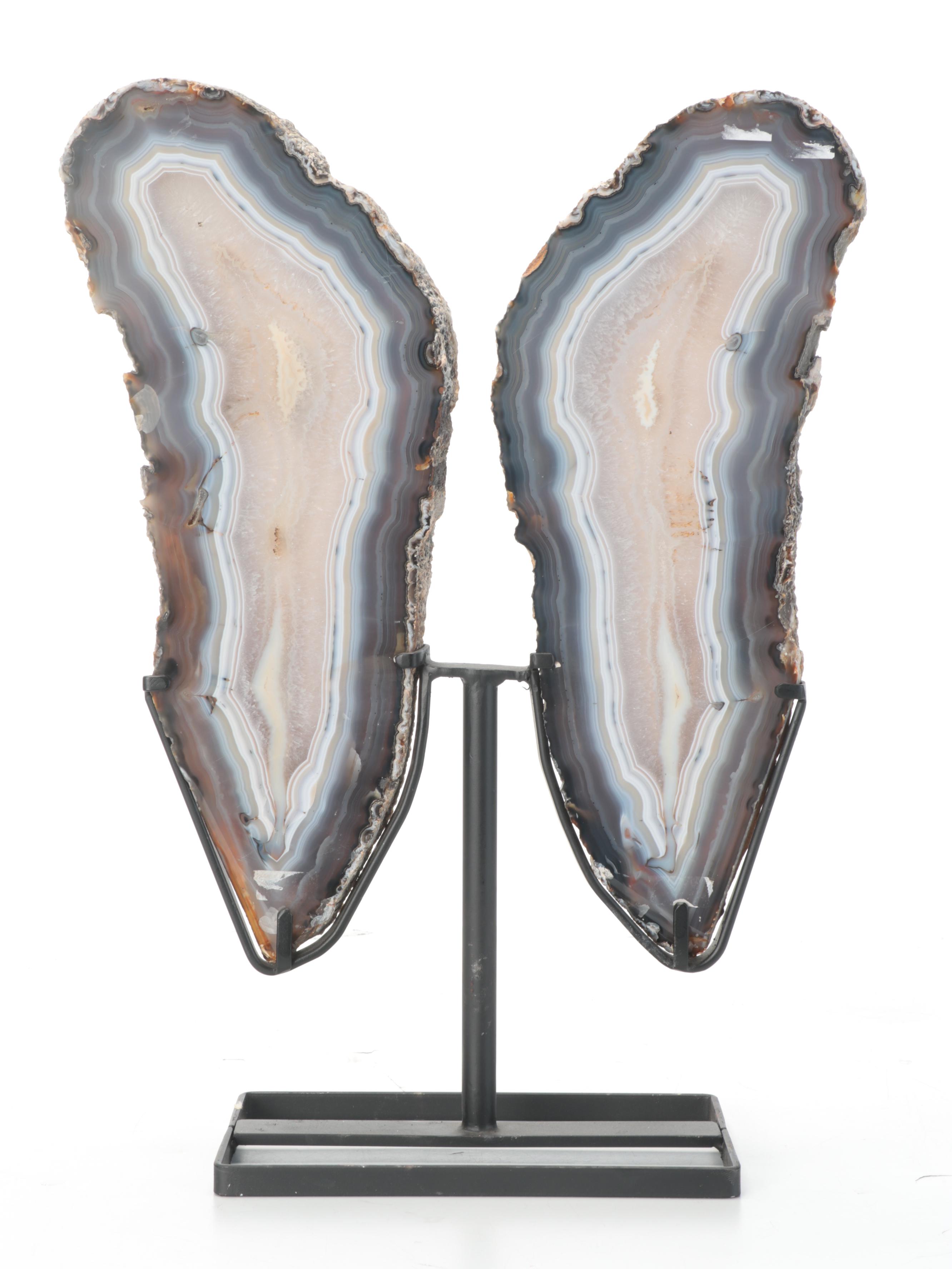Pair of Banded Agate and Calcite Polished Bookmatched Geode Slabs on Stands