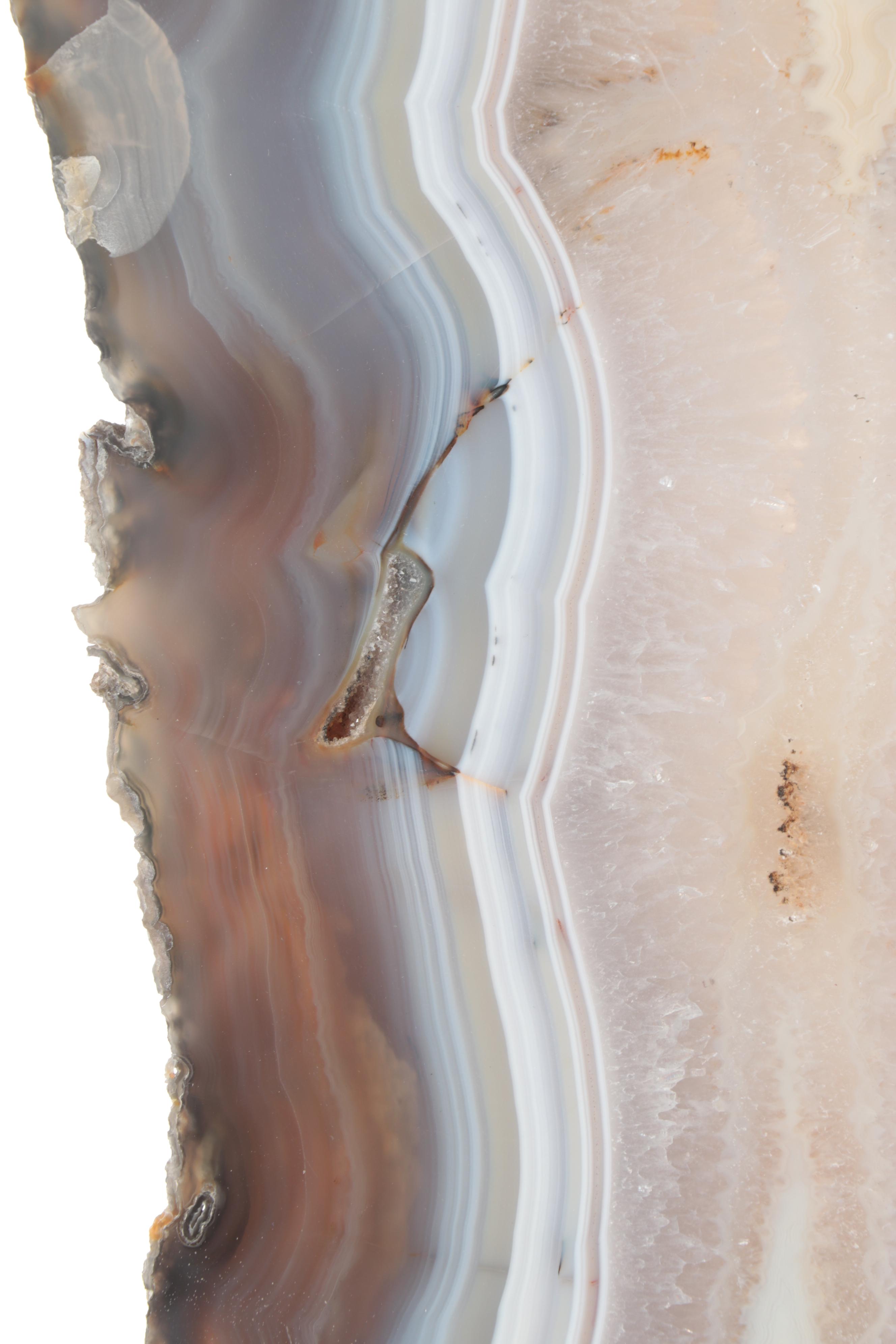 Pair of Banded Agate and Calcite Polished Bookmatched Geode Slabs on Stands