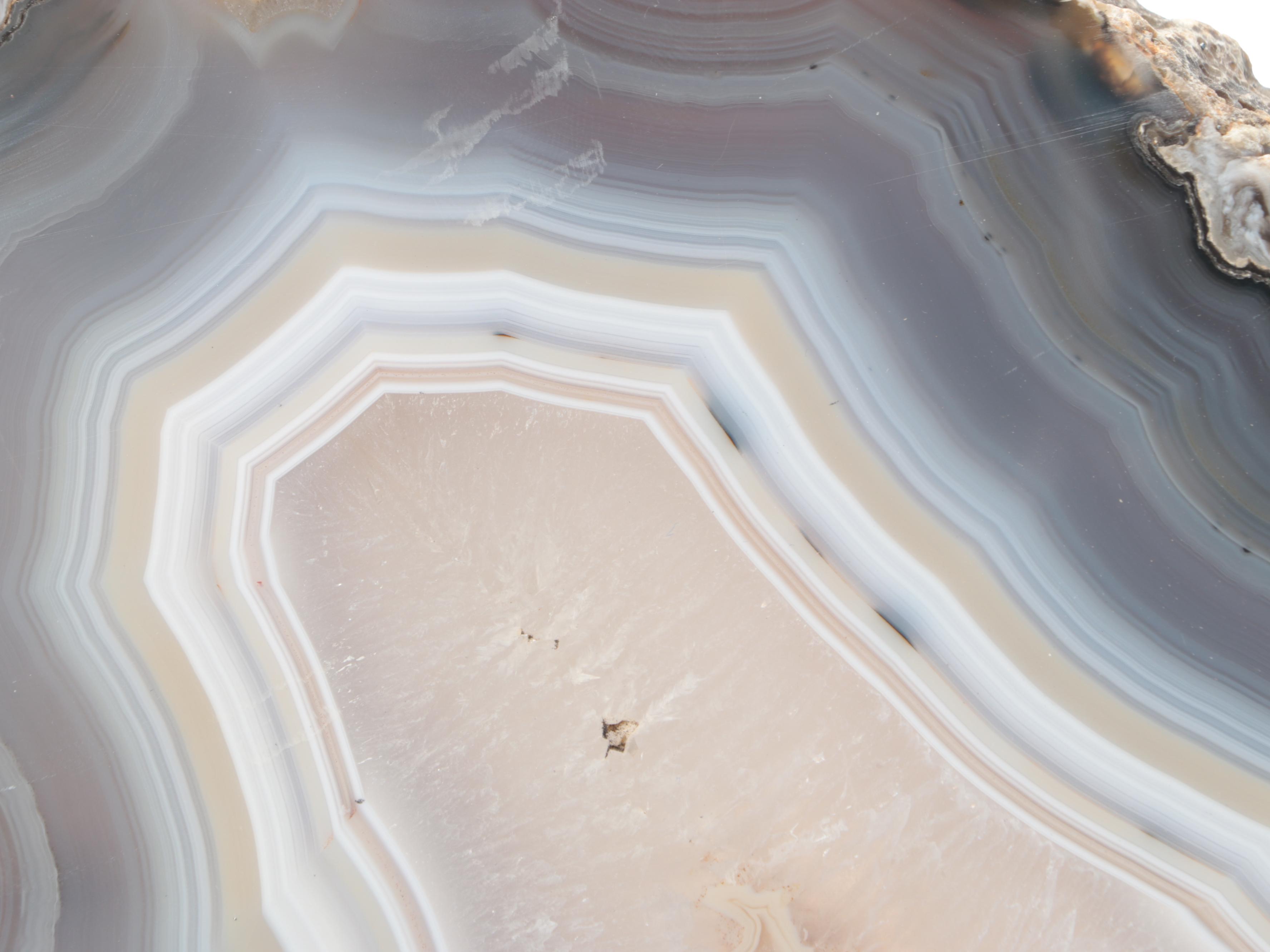 Pair of Banded Agate and Calcite Polished Bookmatched Geode Slabs on Stands