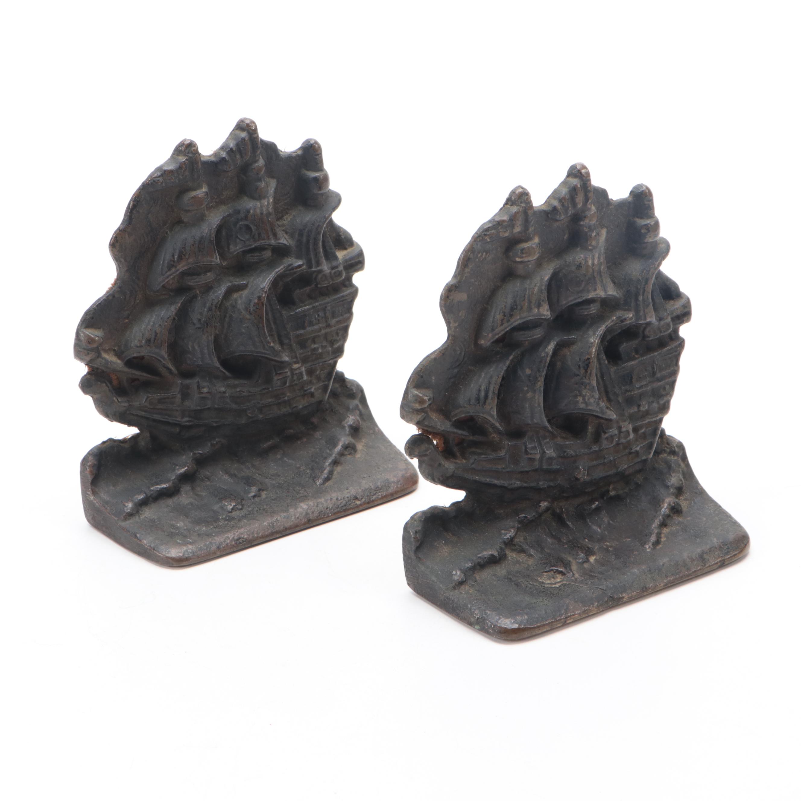 Cast Iron Galleon Ship Bookends, Early 20th Century