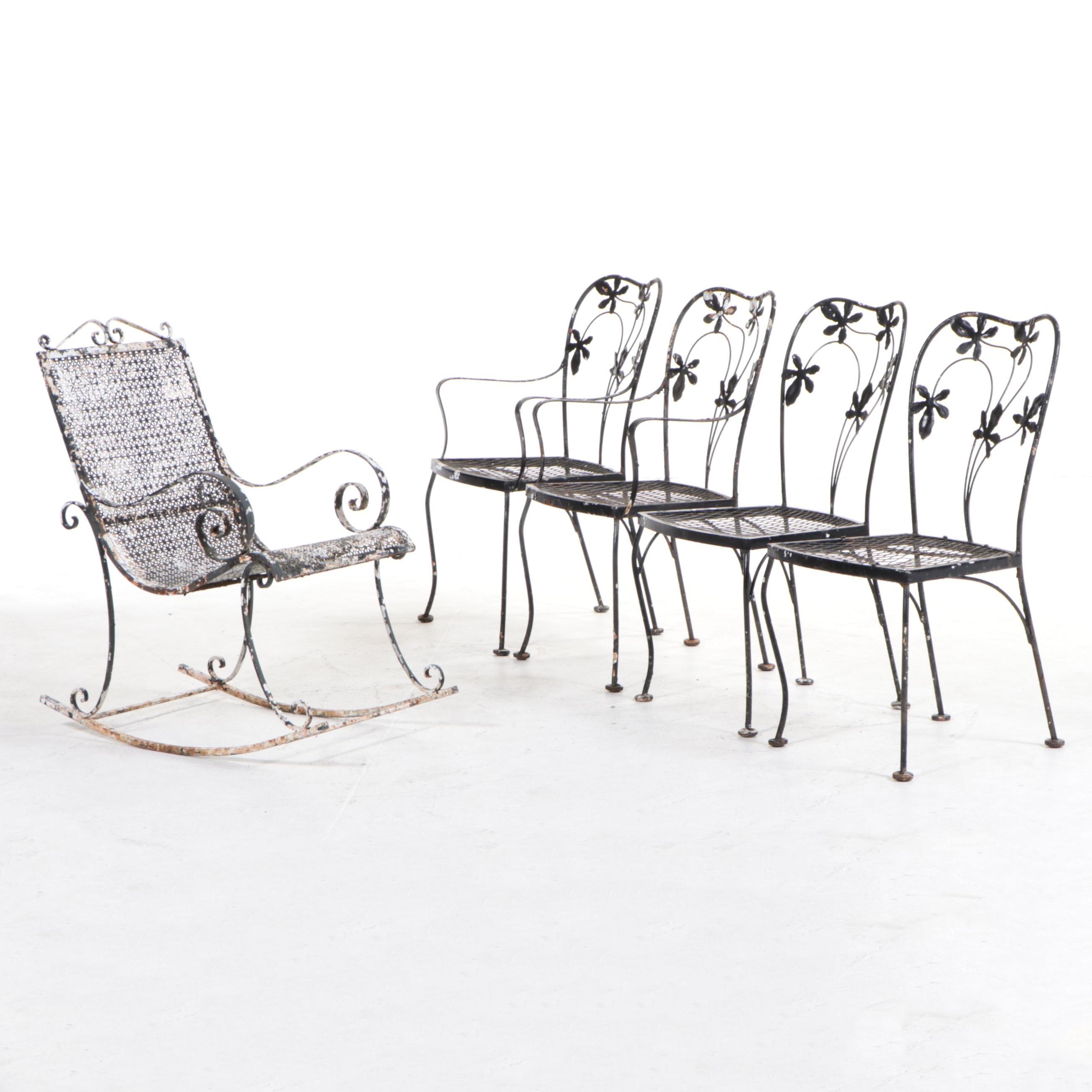 Four Iron and Wire Mesh Patio Dining Chairs Plus Rocker