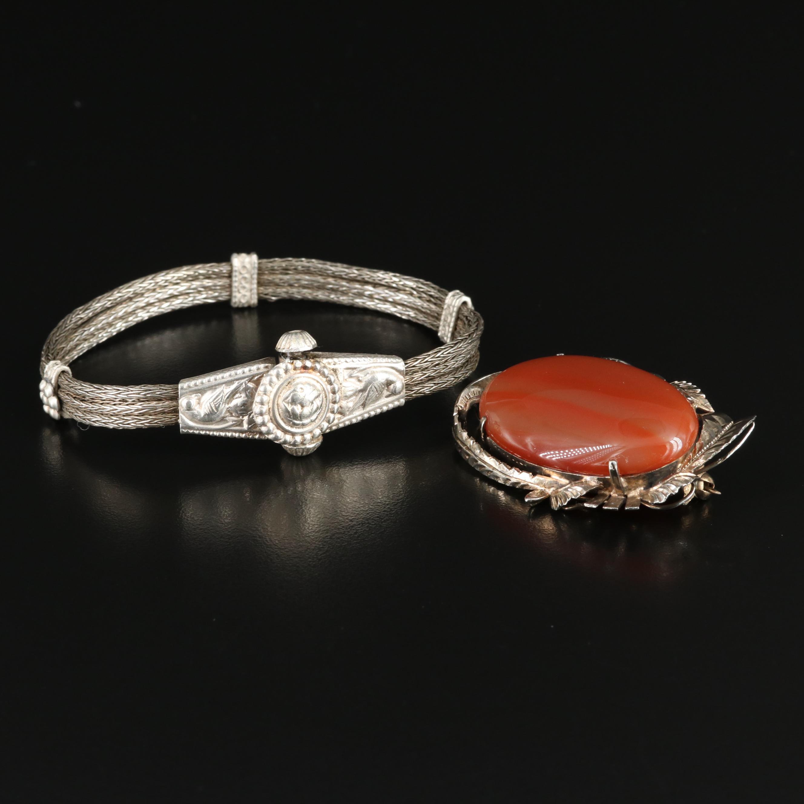 800 Silver Bracelet and Agate Oval Leaf Frame Brooch