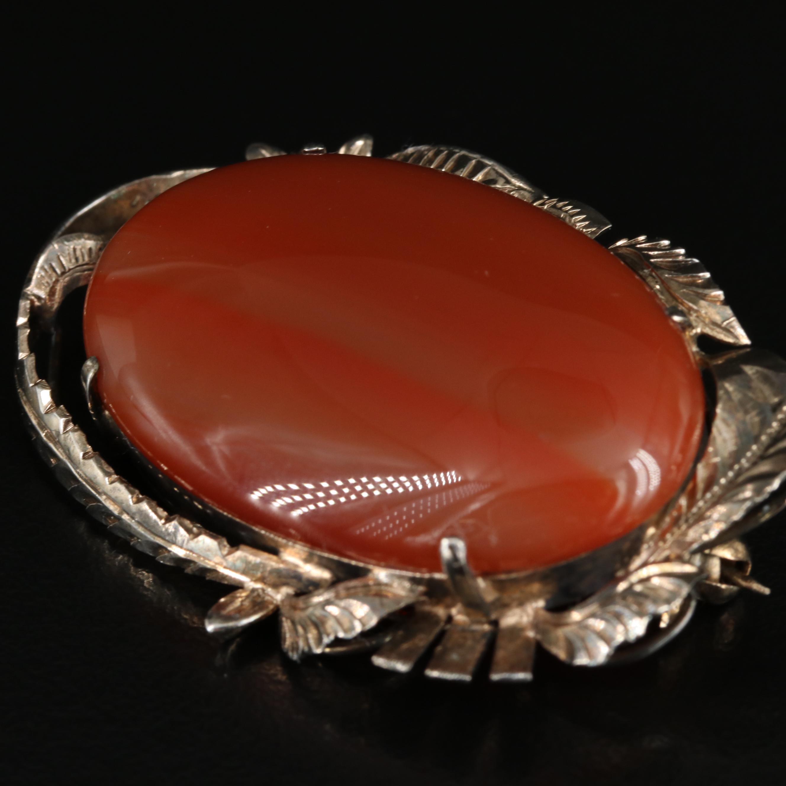800 Silver Bracelet and Agate Oval Leaf Frame Brooch