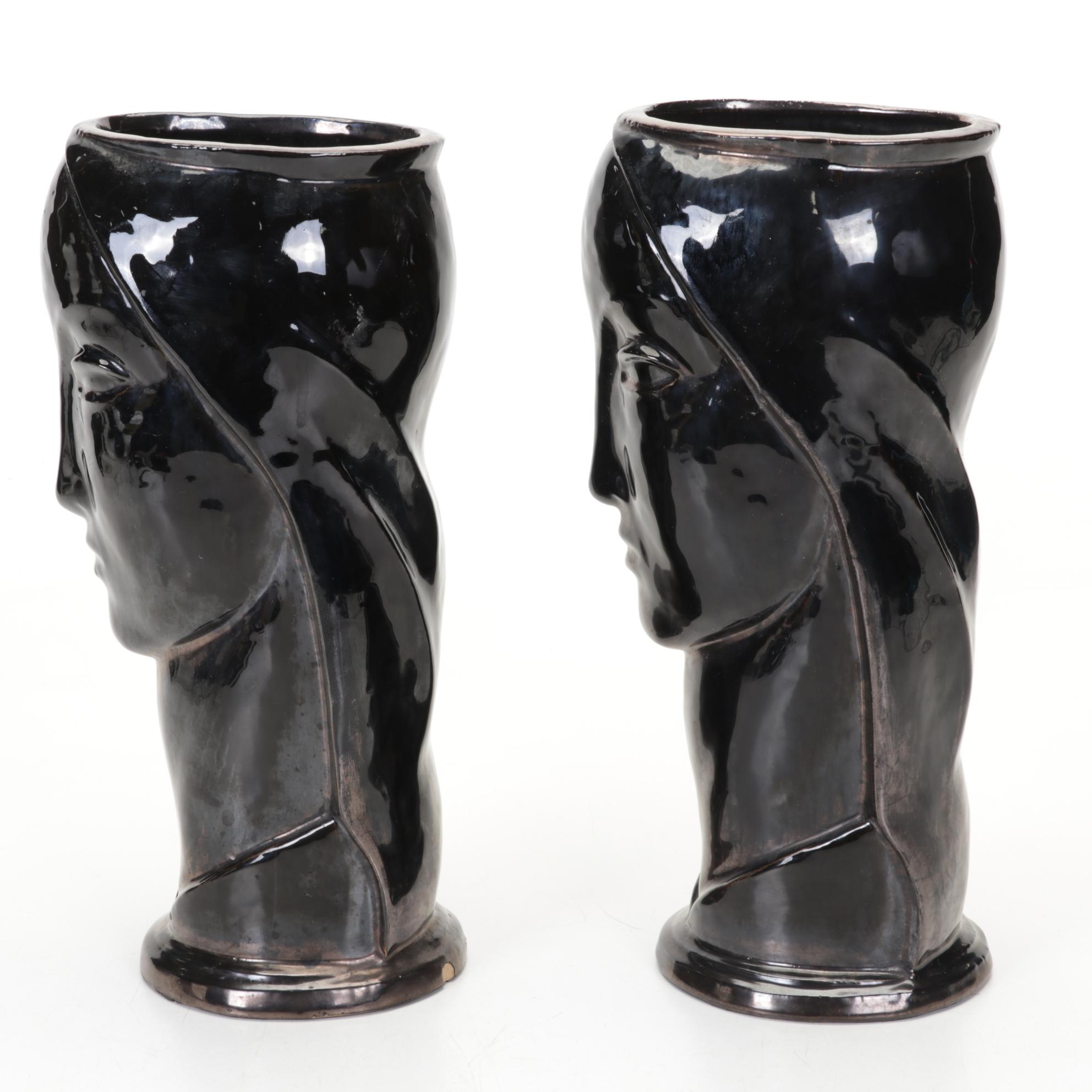 Pair of Aetco Art Deco Black-Glazed Ceramic Lady's Head Vases
