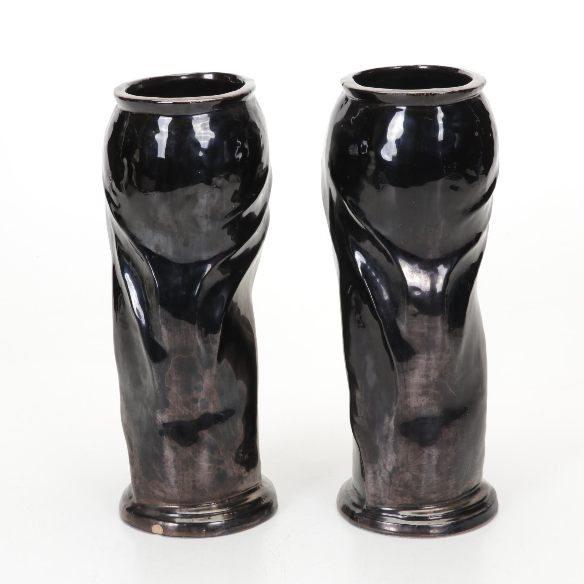 Pair of Aetco Art Deco Black-Glazed Ceramic Lady's Head Vases