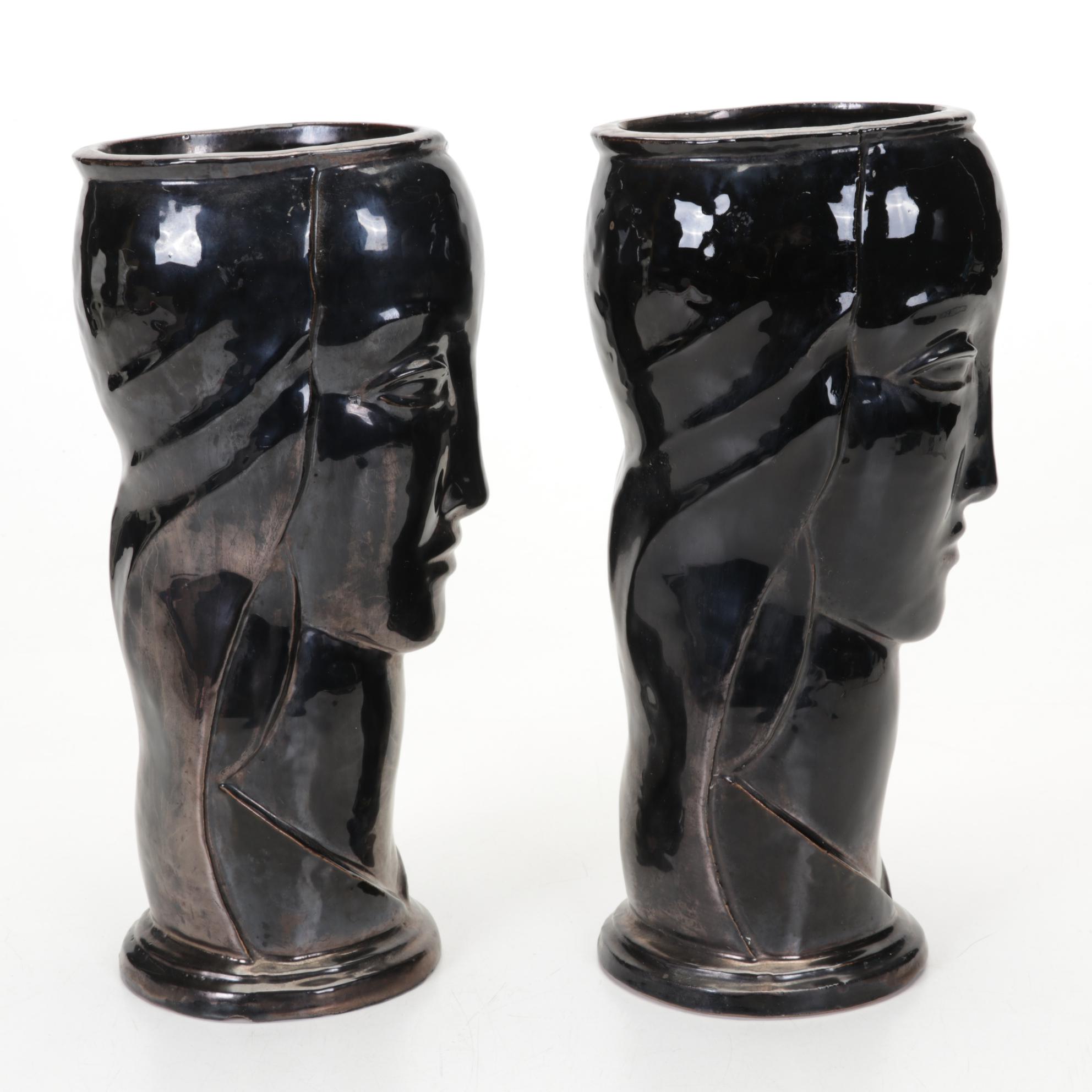 Pair of Aetco Art Deco Black-Glazed Ceramic Lady's Head Vases