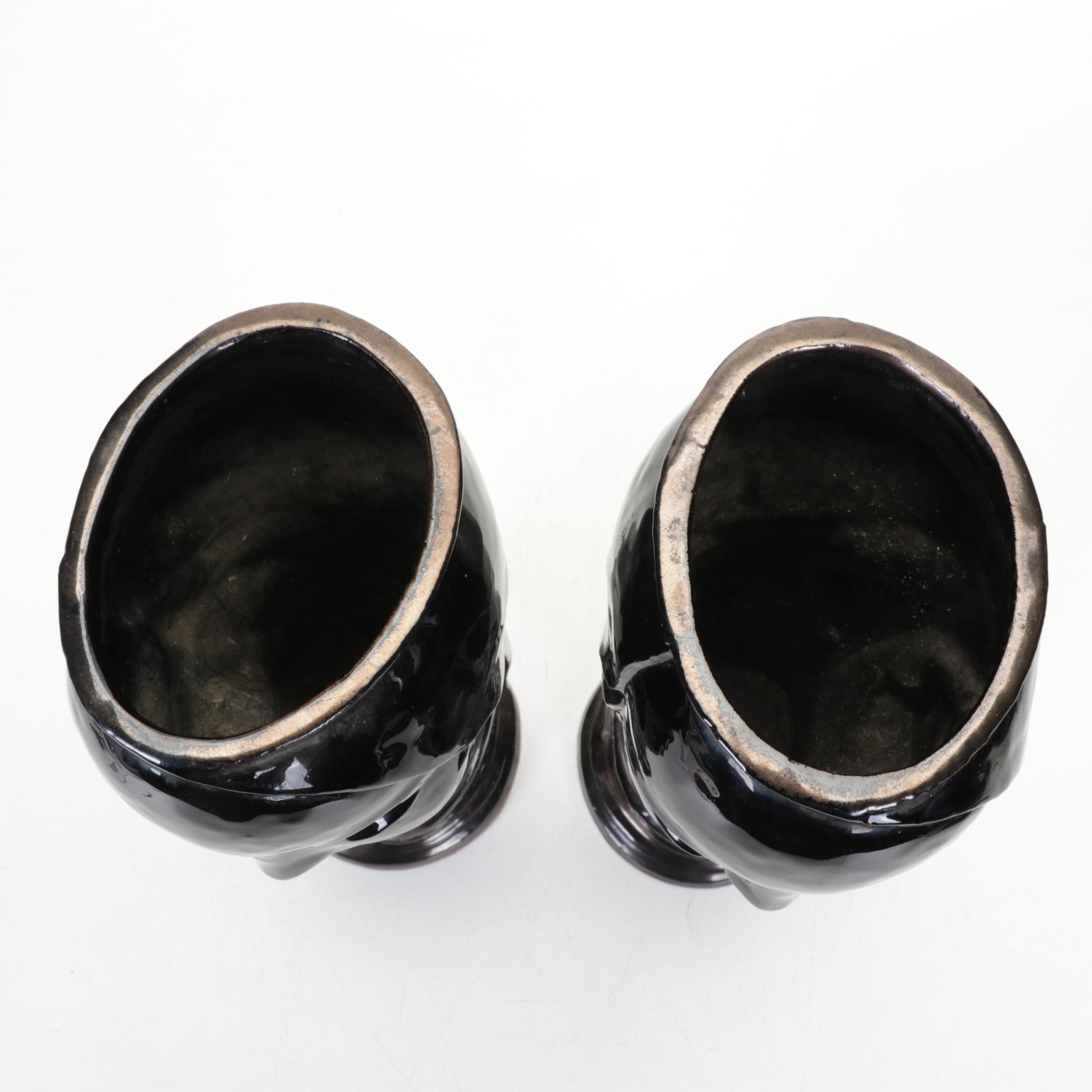 Pair of Aetco Art Deco Black-Glazed Ceramic Lady's Head Vases