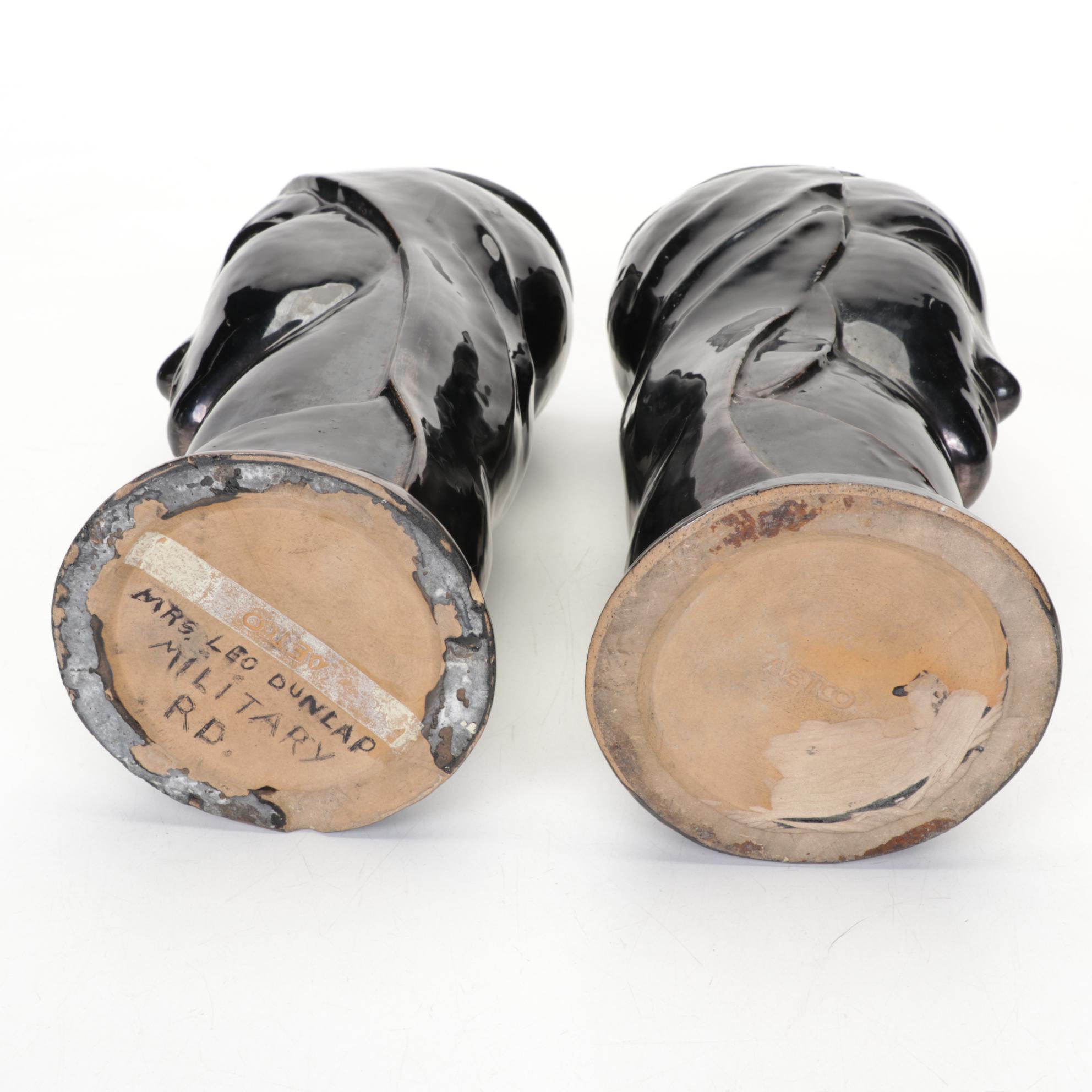 Pair of Aetco Art Deco Black-Glazed Ceramic Lady's Head Vases