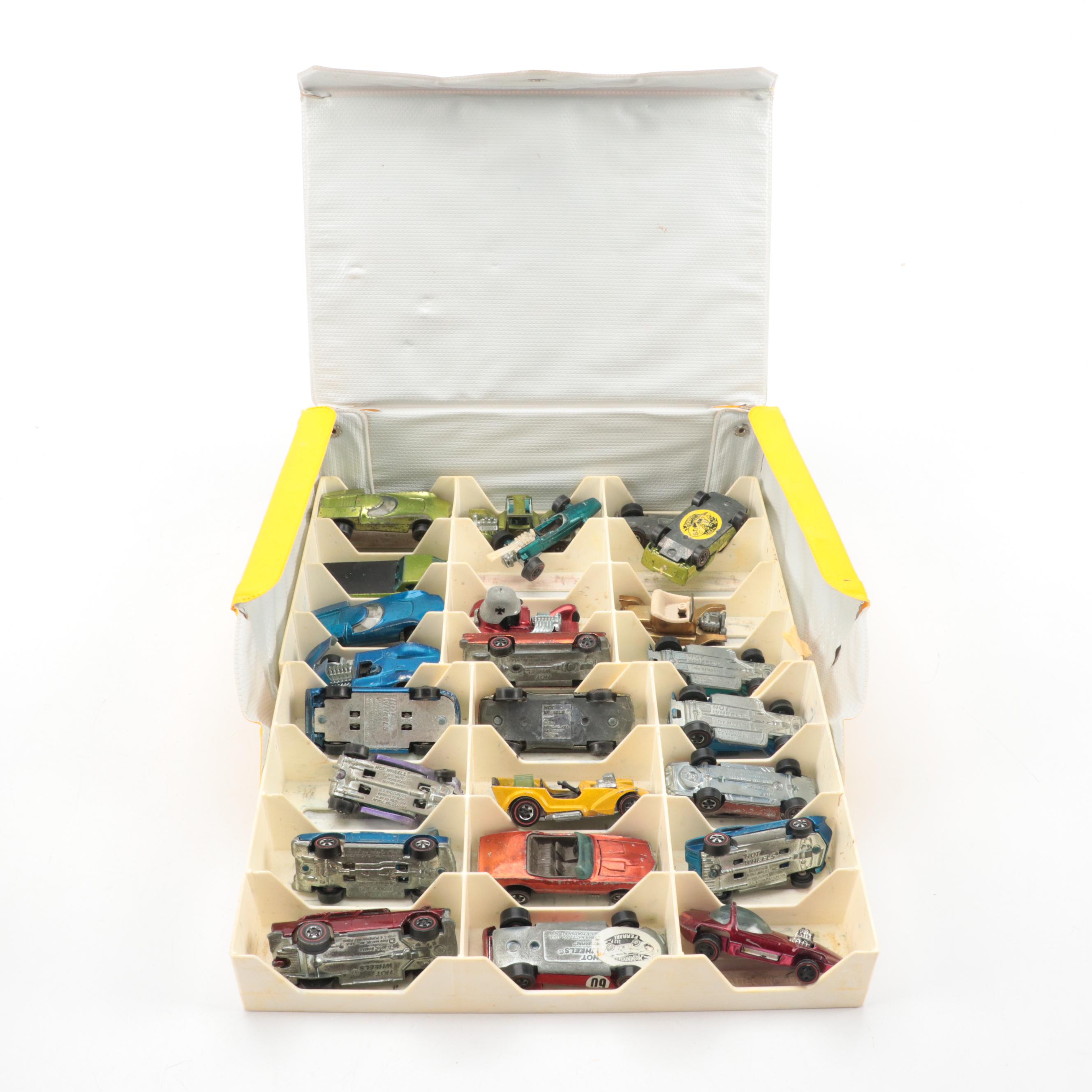 1960s Hot Wheels Redline Cars in '80s Case with Race Cars, Car Carriers & More
