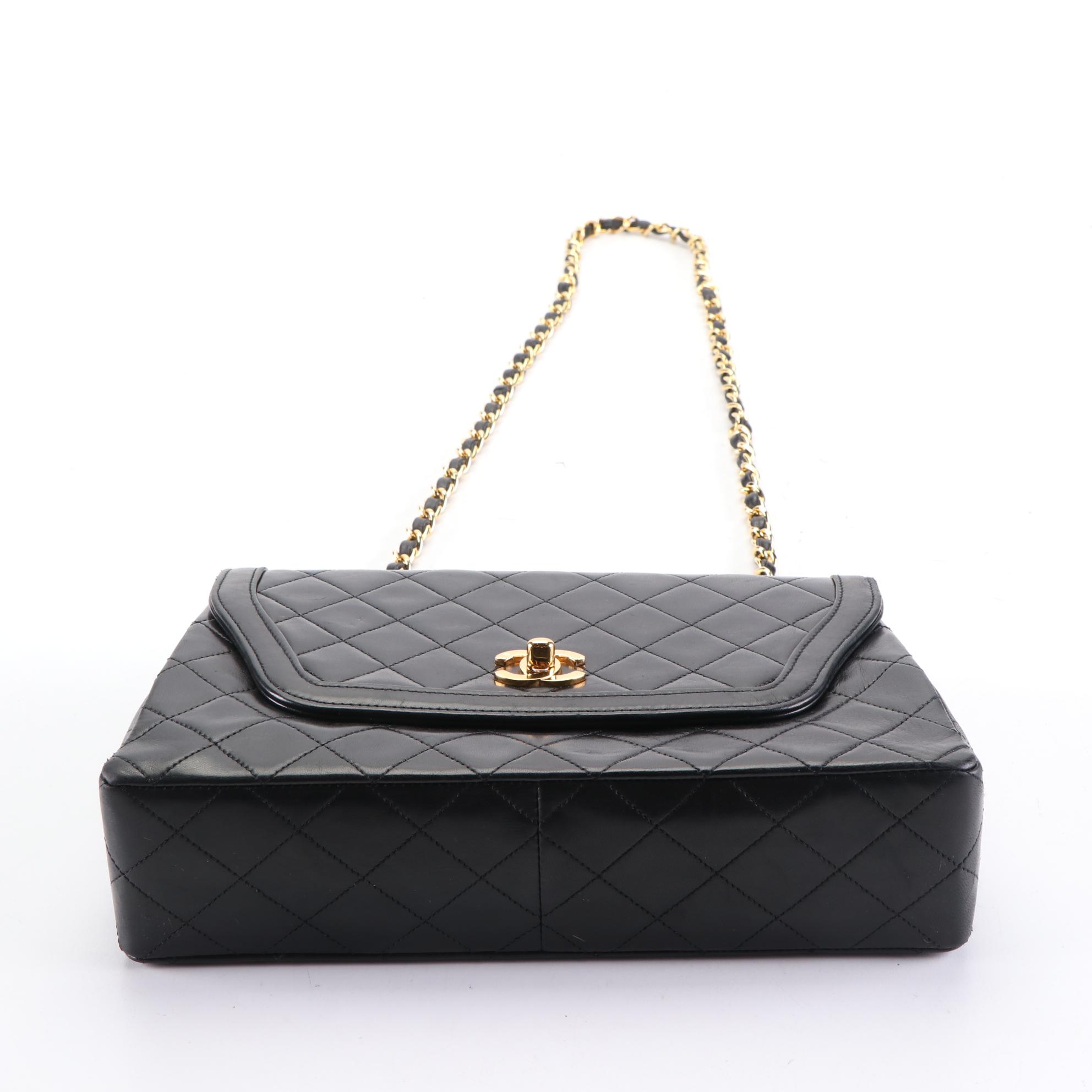 Chanel Trapezoid Flap Bag in Quilted Black Lambskin with Matching Wallet and Box