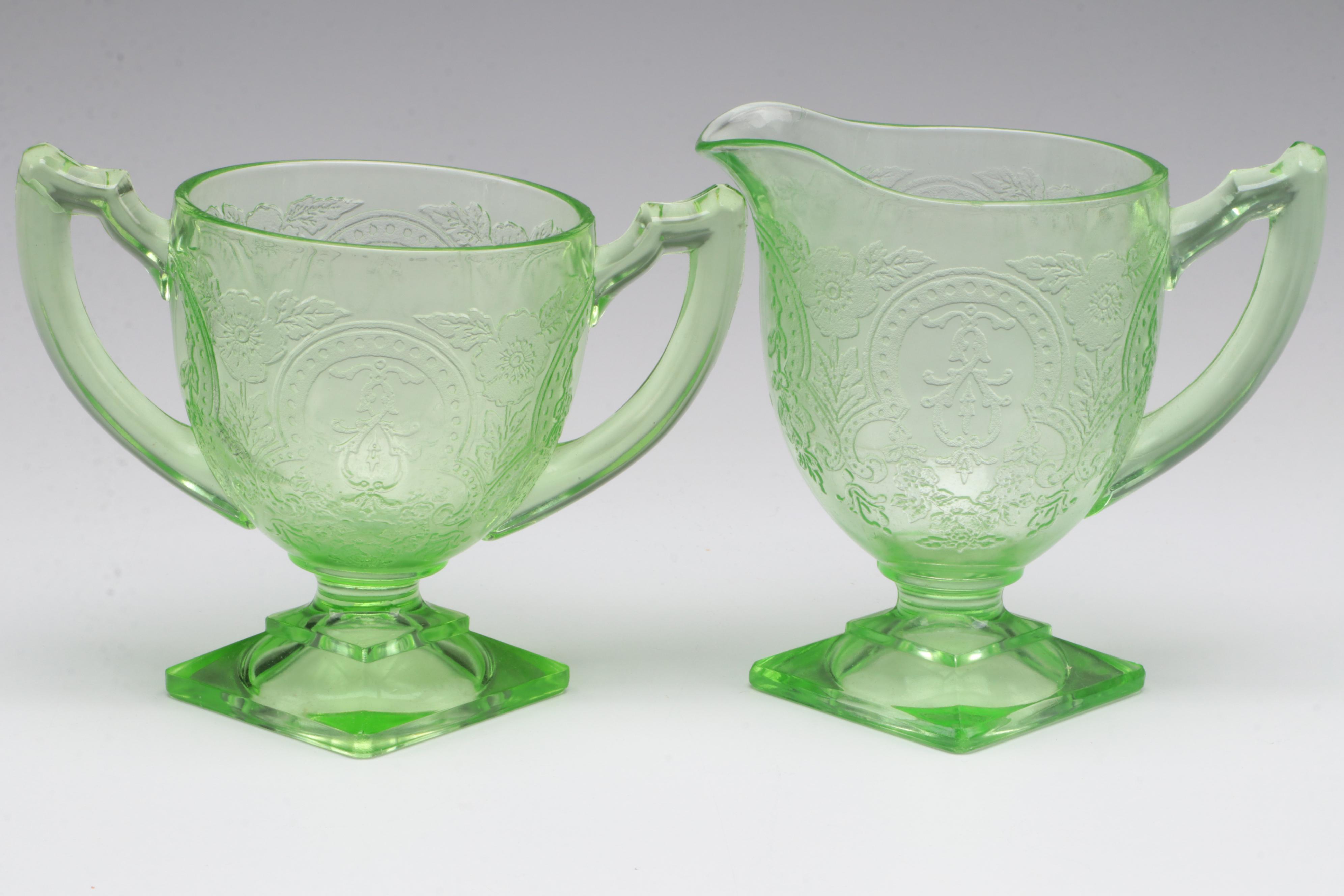 Indiana Glass "Horseshoe" and Other Green Depression Glass Cream and Sugar Sets