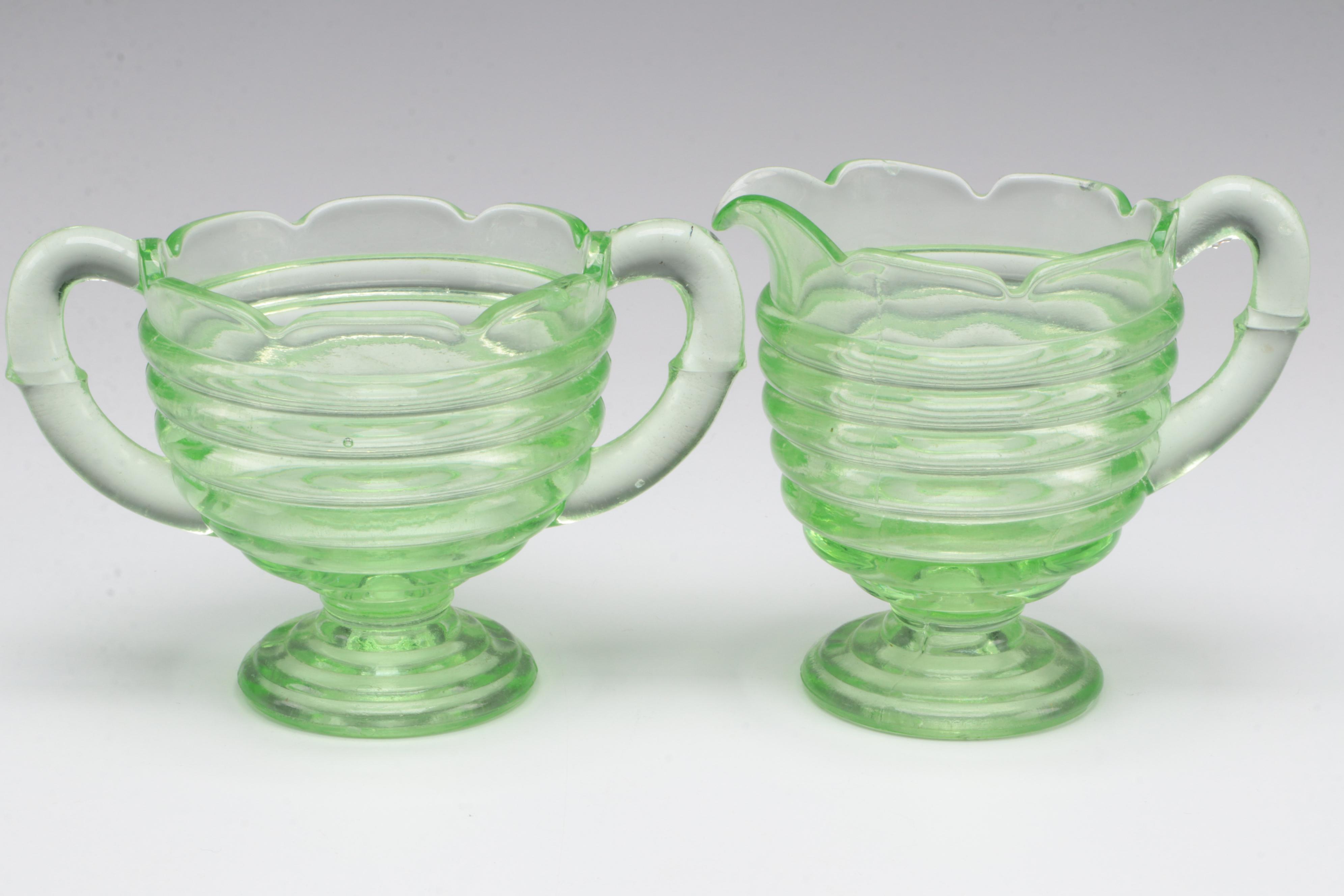Indiana Glass "Horseshoe" and Other Green Depression Glass Cream and Sugar Sets