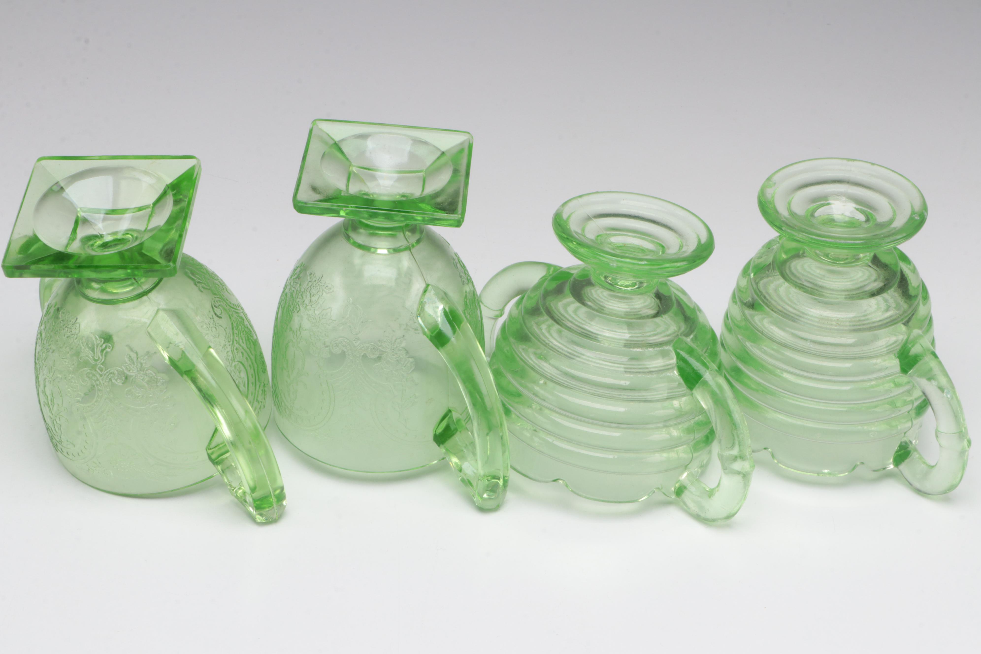 Indiana Glass "Horseshoe" and Other Green Depression Glass Cream and Sugar Sets