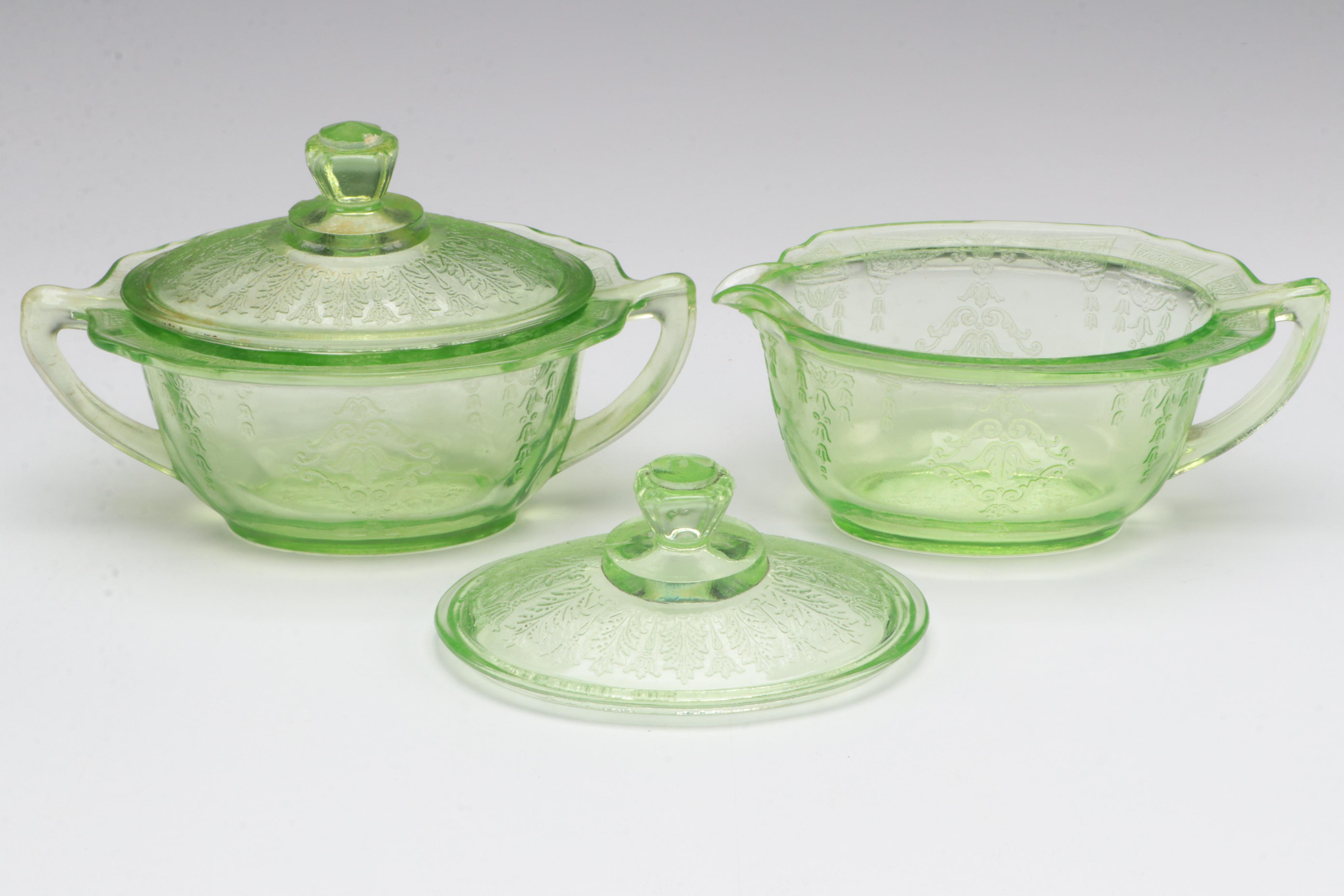 Indiana Glass "Horseshoe" and Other Green Depression Glass Cream and Sugar Sets