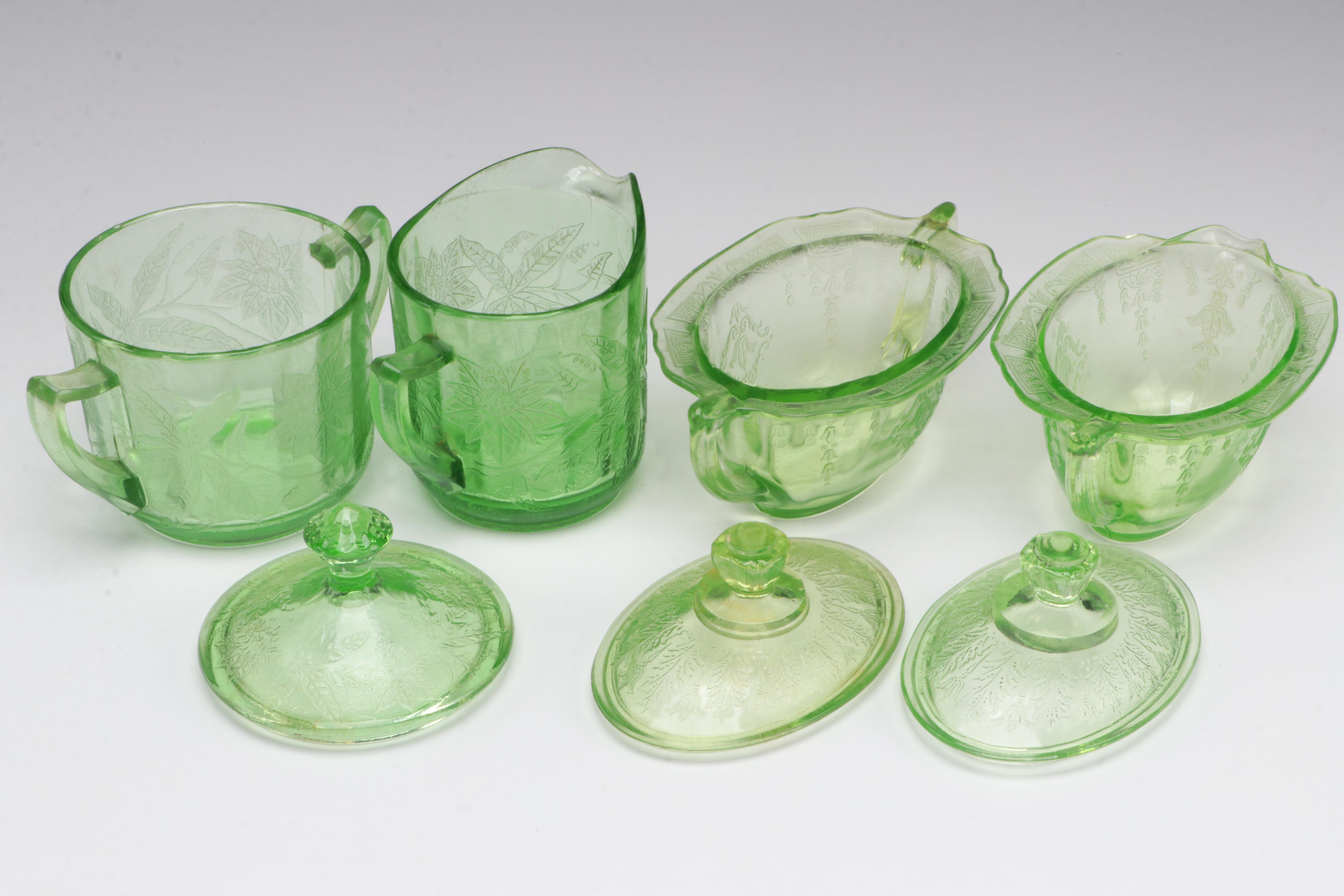 Indiana Glass "Horseshoe" and Other Green Depression Glass Cream and Sugar Sets