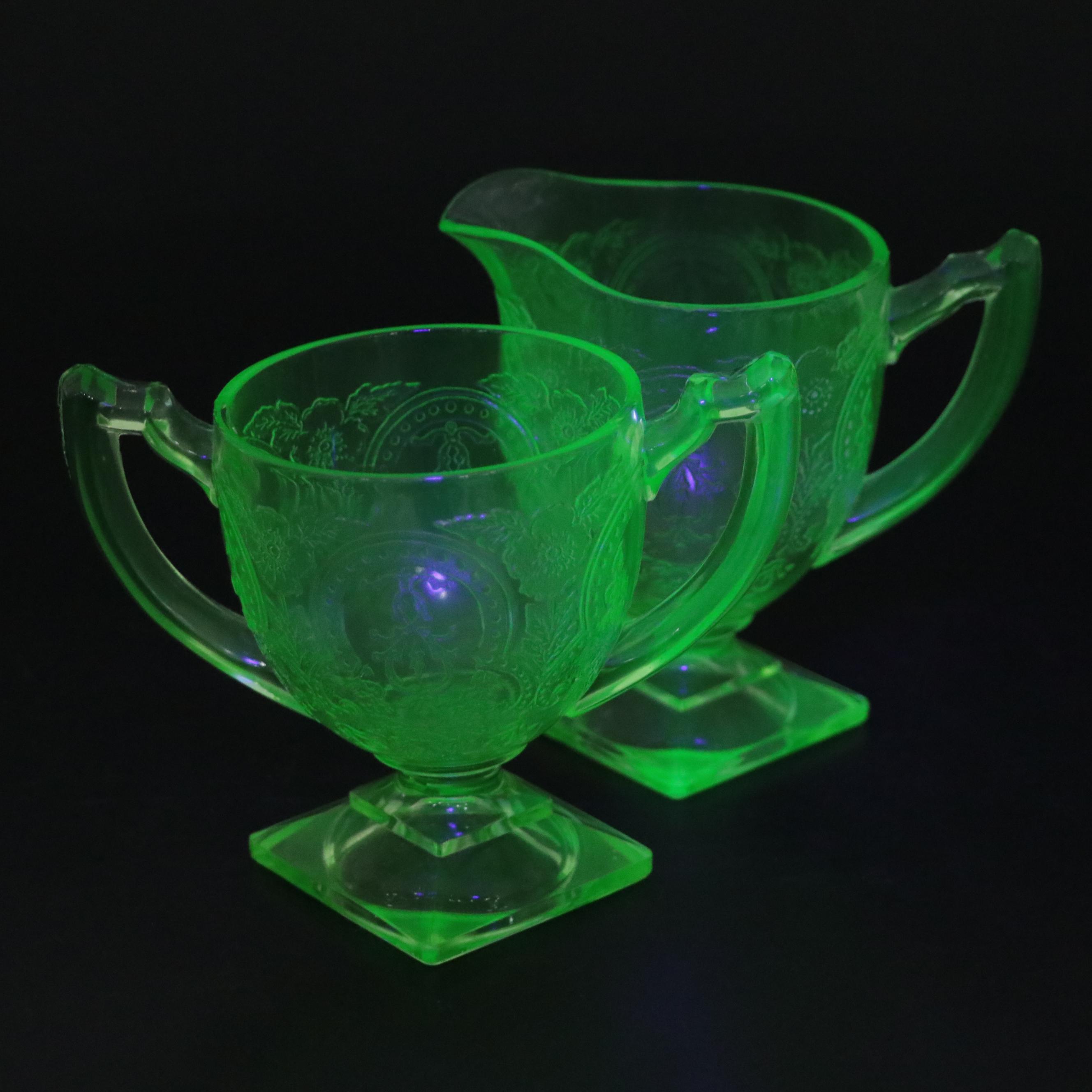 Indiana Glass "Horseshoe" and Other Green Depression Glass Cream and Sugar Sets