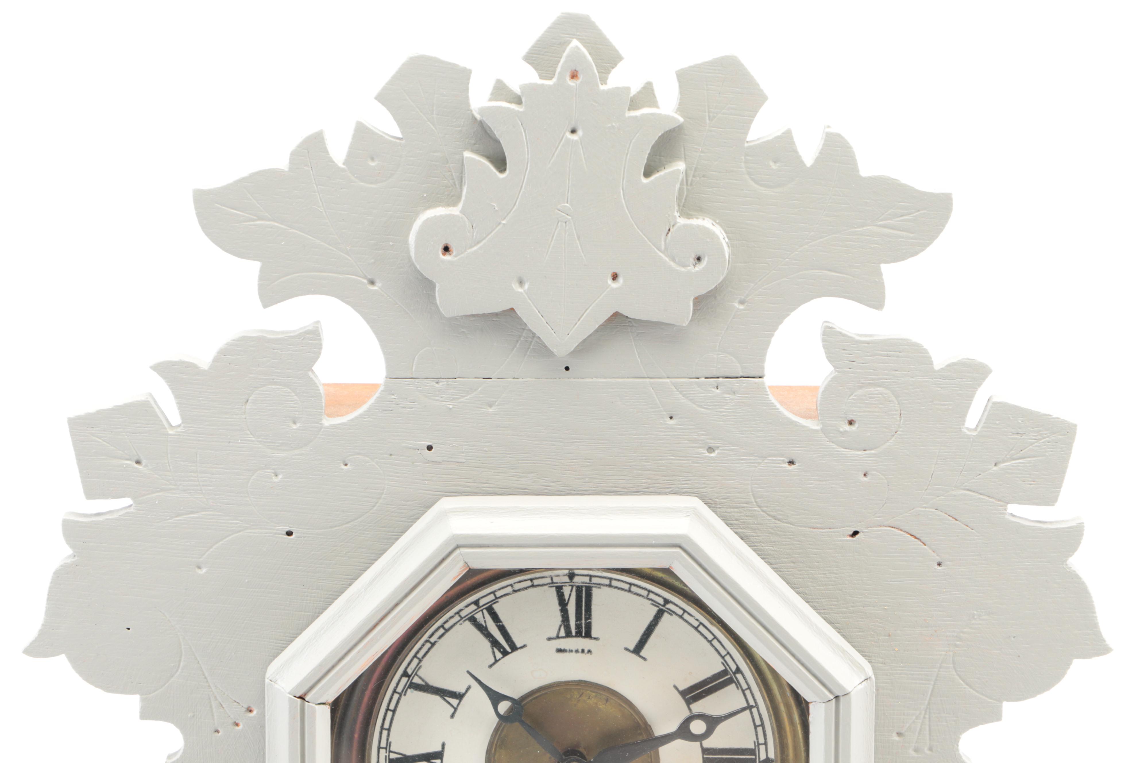 E. Ingraham Painted Eastlake Gingerbread Kitchen Clock, Late 19th- Early 20th C.