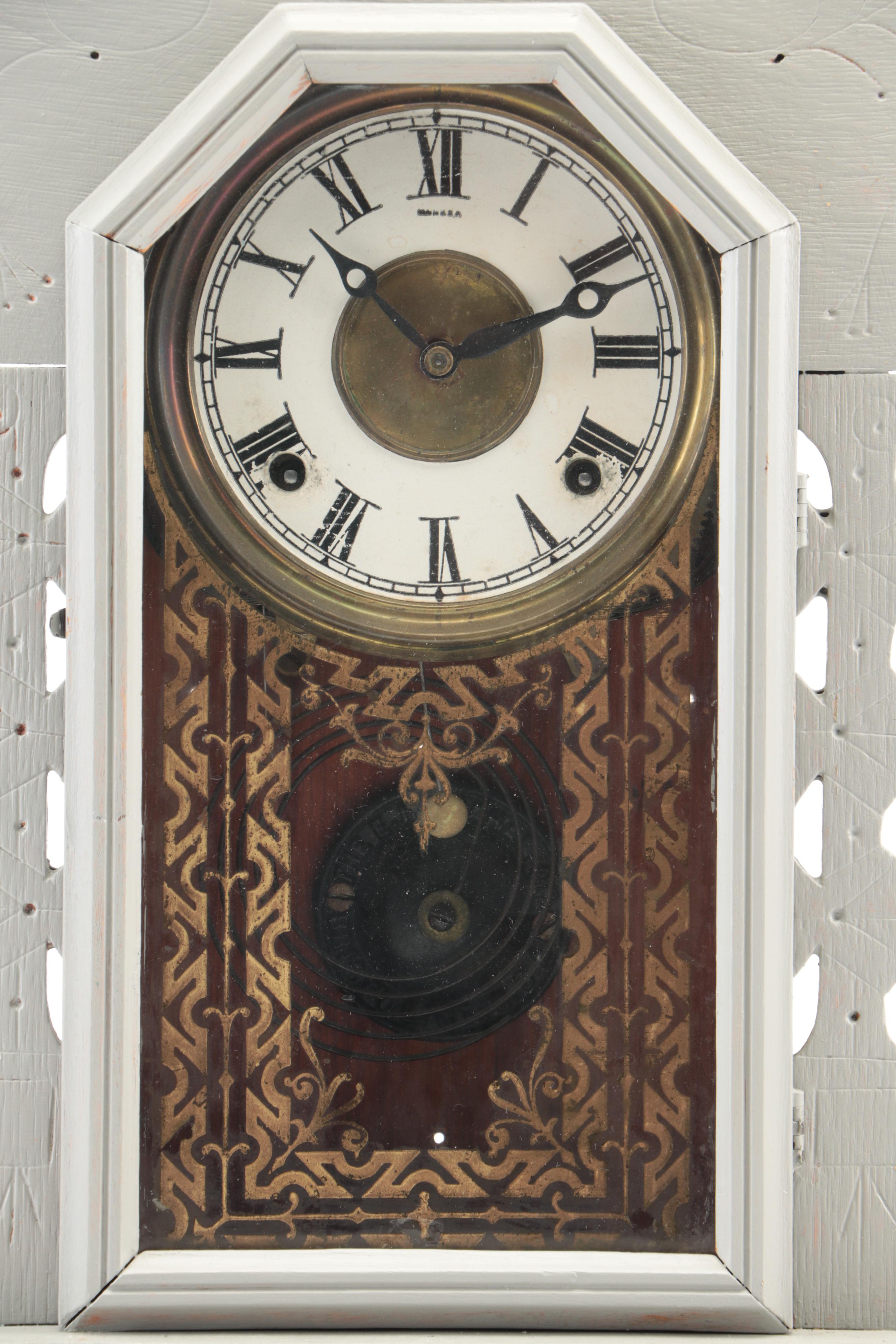 E. Ingraham Painted Eastlake Gingerbread Kitchen Clock, Late 19th- Early 20th C.