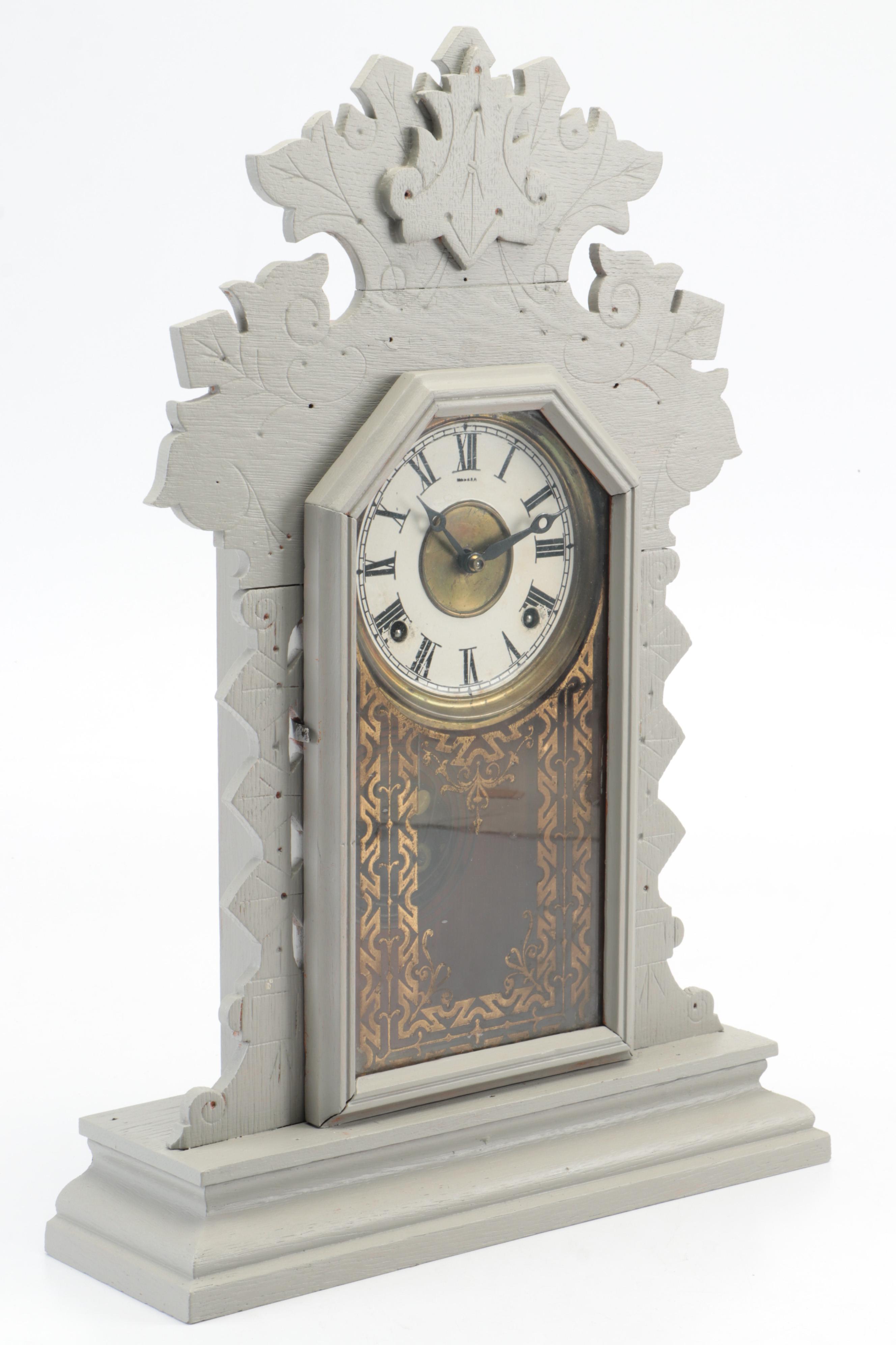 E. Ingraham Painted Eastlake Gingerbread Kitchen Clock, Late 19th- Early 20th C.