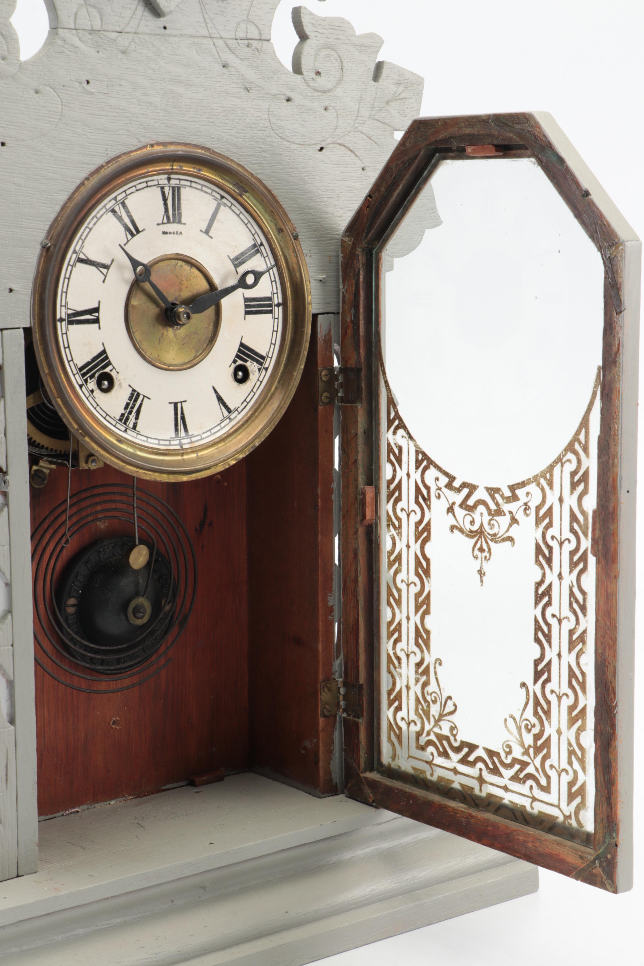 E. Ingraham Painted Eastlake Gingerbread Kitchen Clock, Late 19th- Early 20th C.