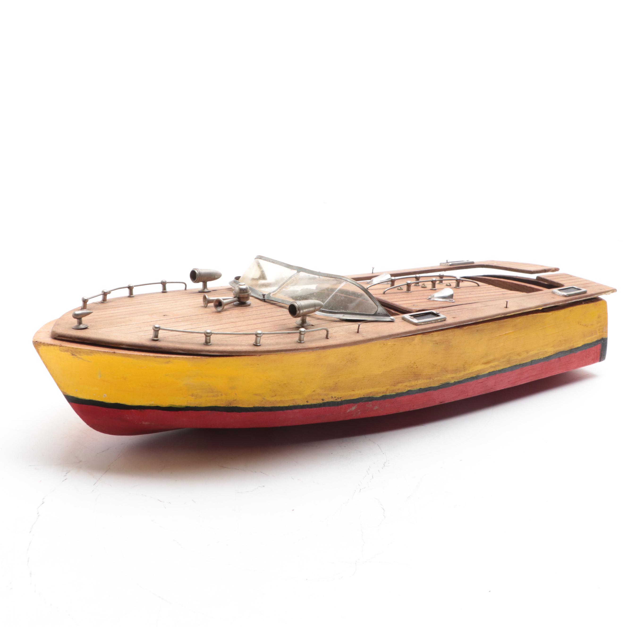 Wooden Chris Craft Style Model Toy Speed Boat, Mid-20th Century