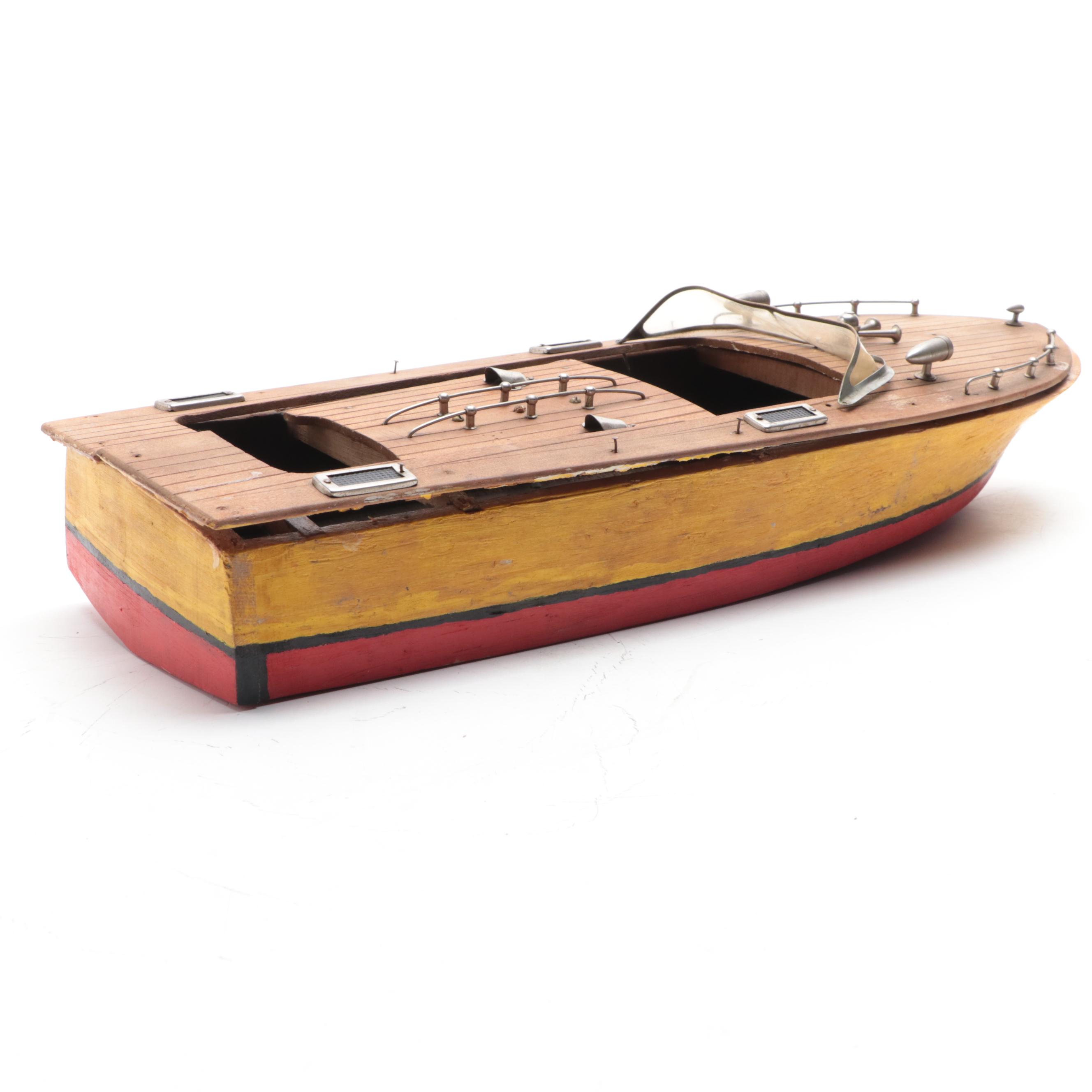 Wooden Chris Craft Style Model Toy Speed Boat, Mid-20th Century
