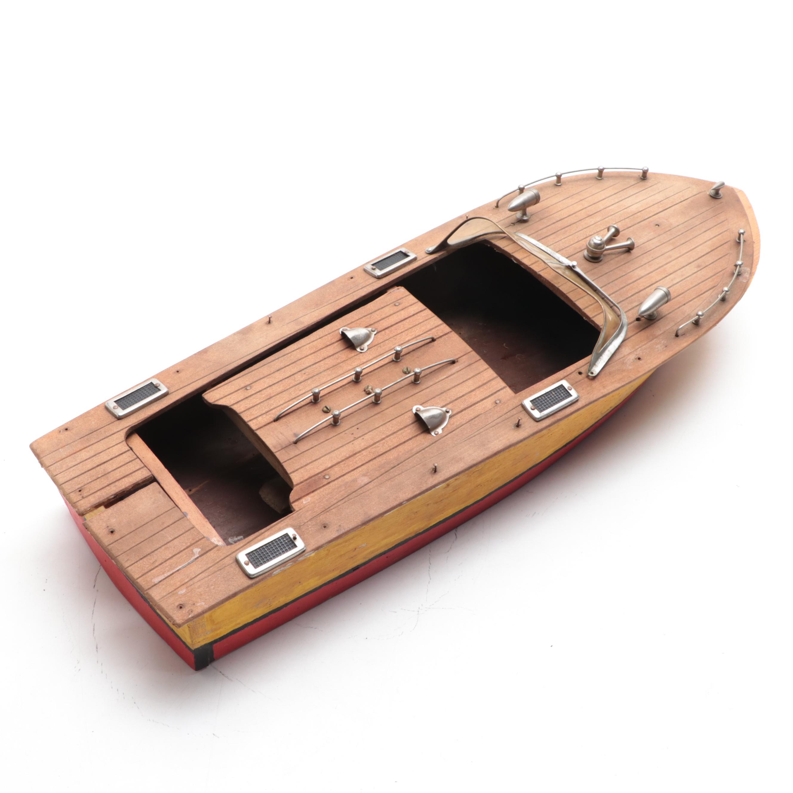 Wooden Chris Craft Style Model Toy Speed Boat, Mid-20th Century