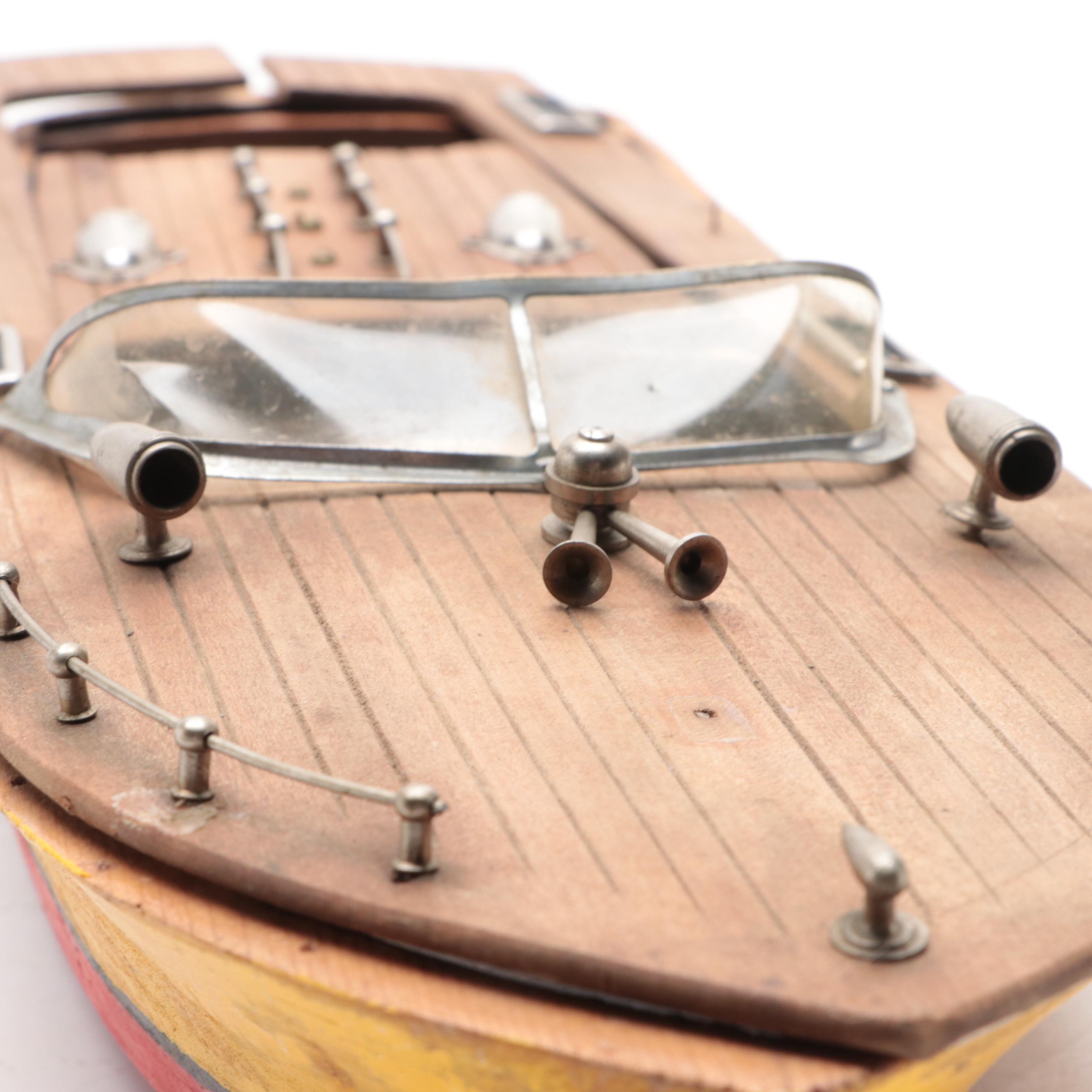 Wooden Chris Craft Style Model Toy Speed Boat, Mid-20th Century