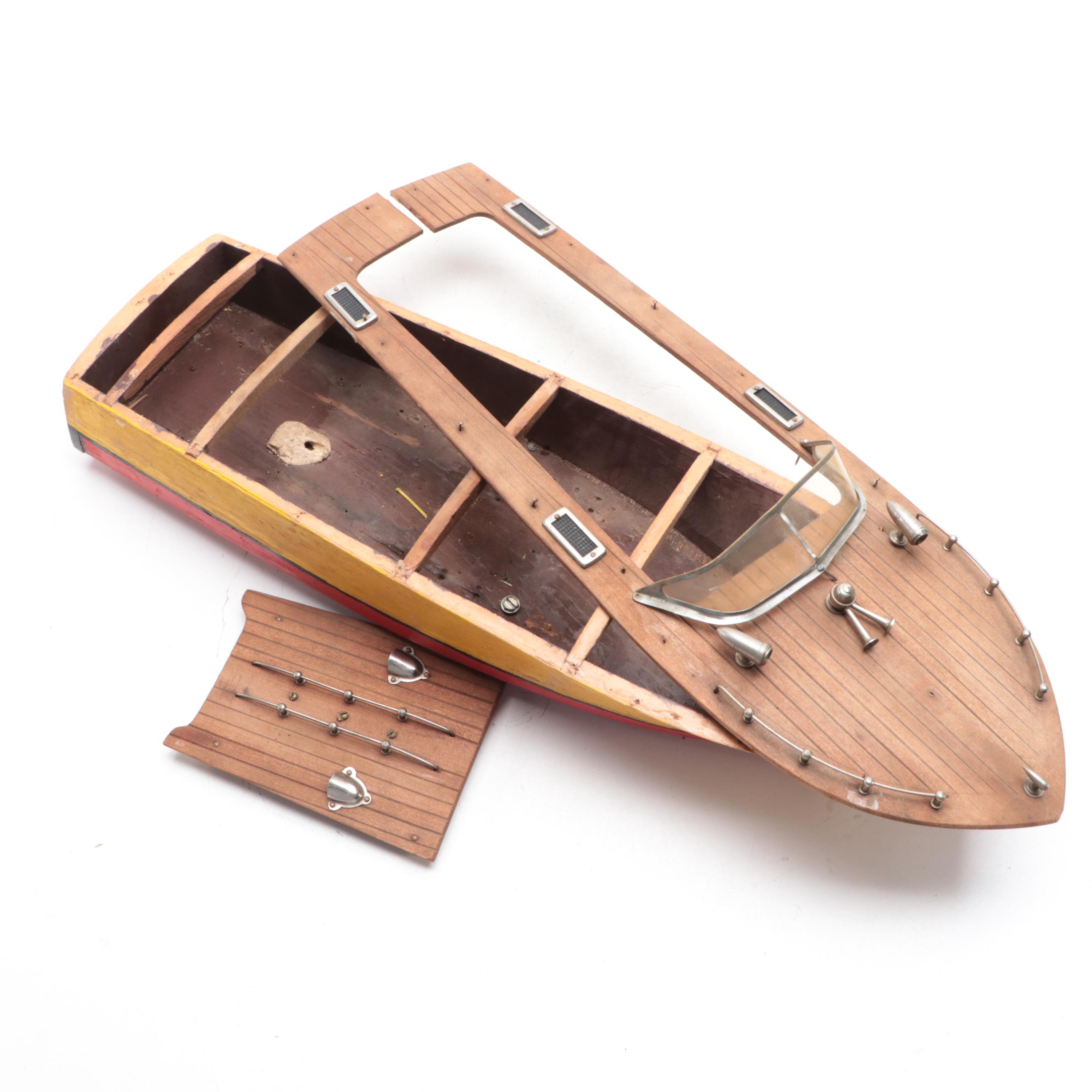 Wooden Chris Craft Style Model Toy Speed Boat, Mid-20th Century
